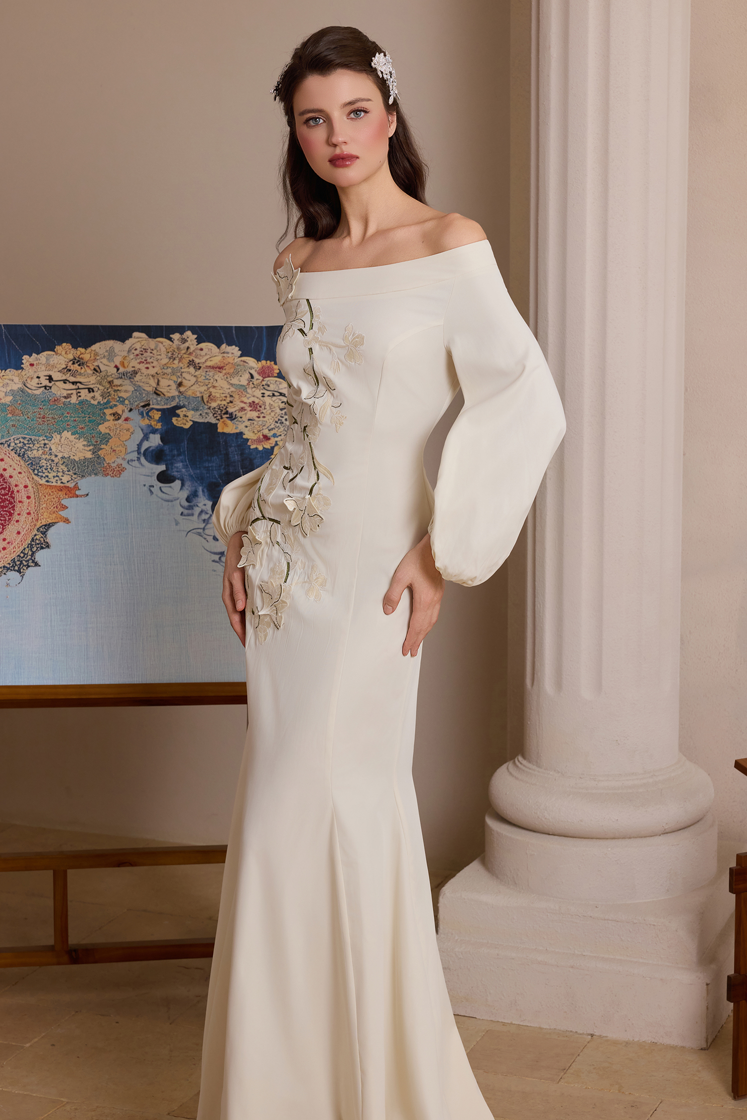 Floral Appliquéd Puff Sleeve Maxi Dress