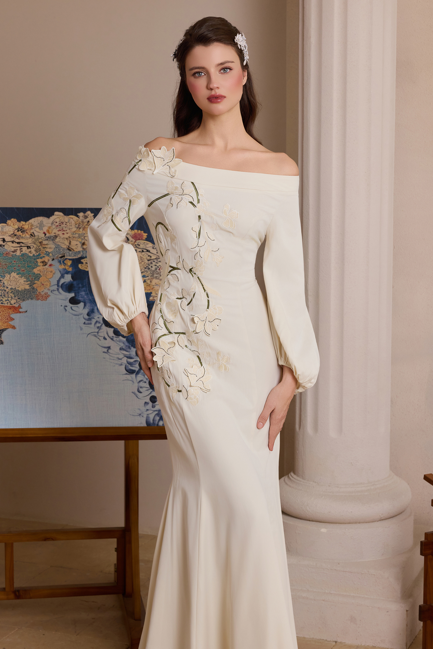 Floral Appliquéd Puff Sleeve Maxi Dress