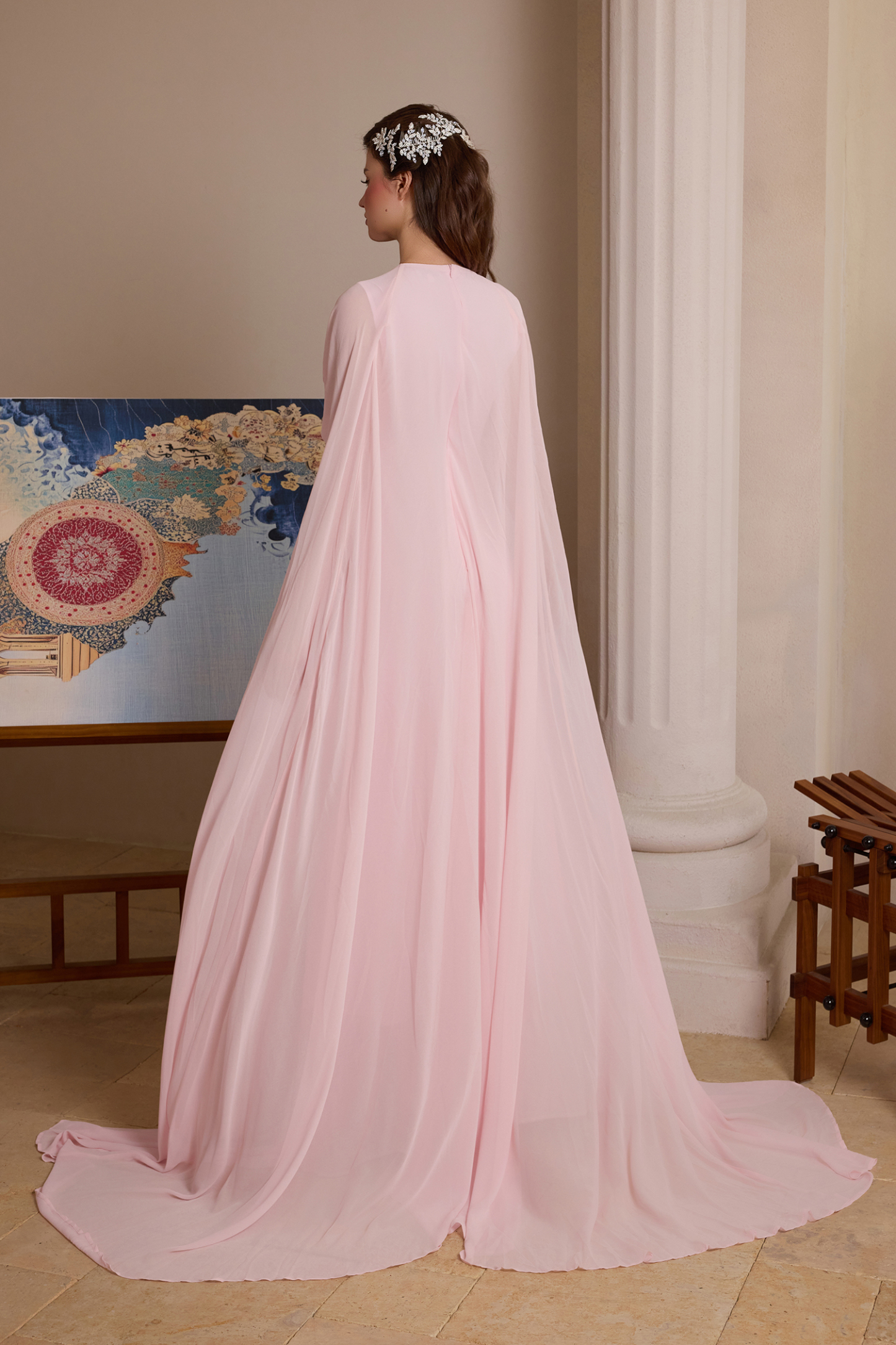 Chiffon Pleated V-Neck Cape Sleeve Maxi Dress