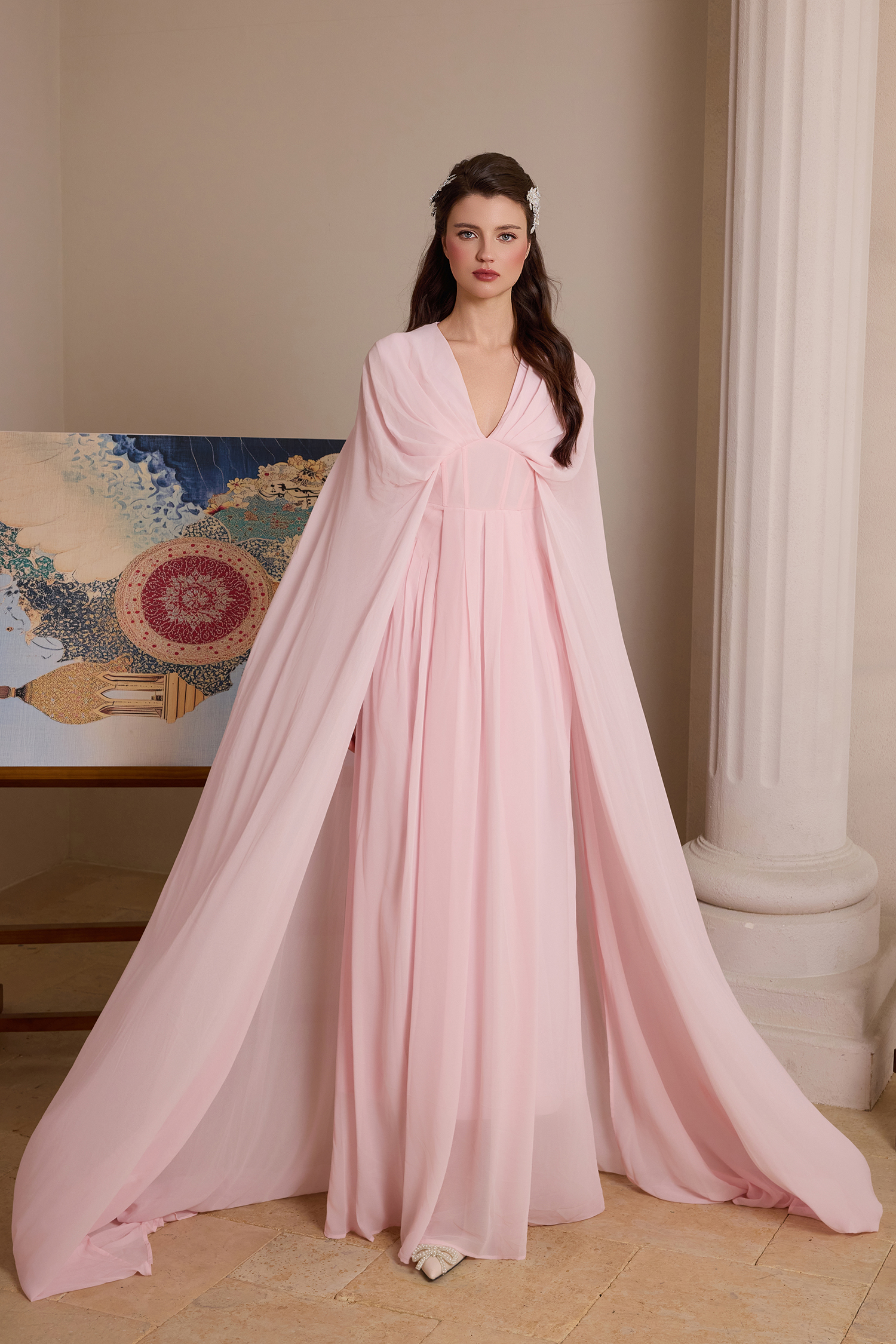 Chiffon Pleated V-Neck Cape Sleeve Maxi Dress