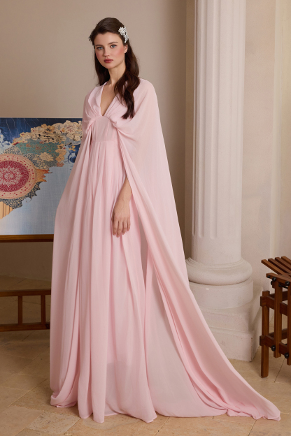 Chiffon Pleated V-Neck Cape Sleeve Maxi Dress