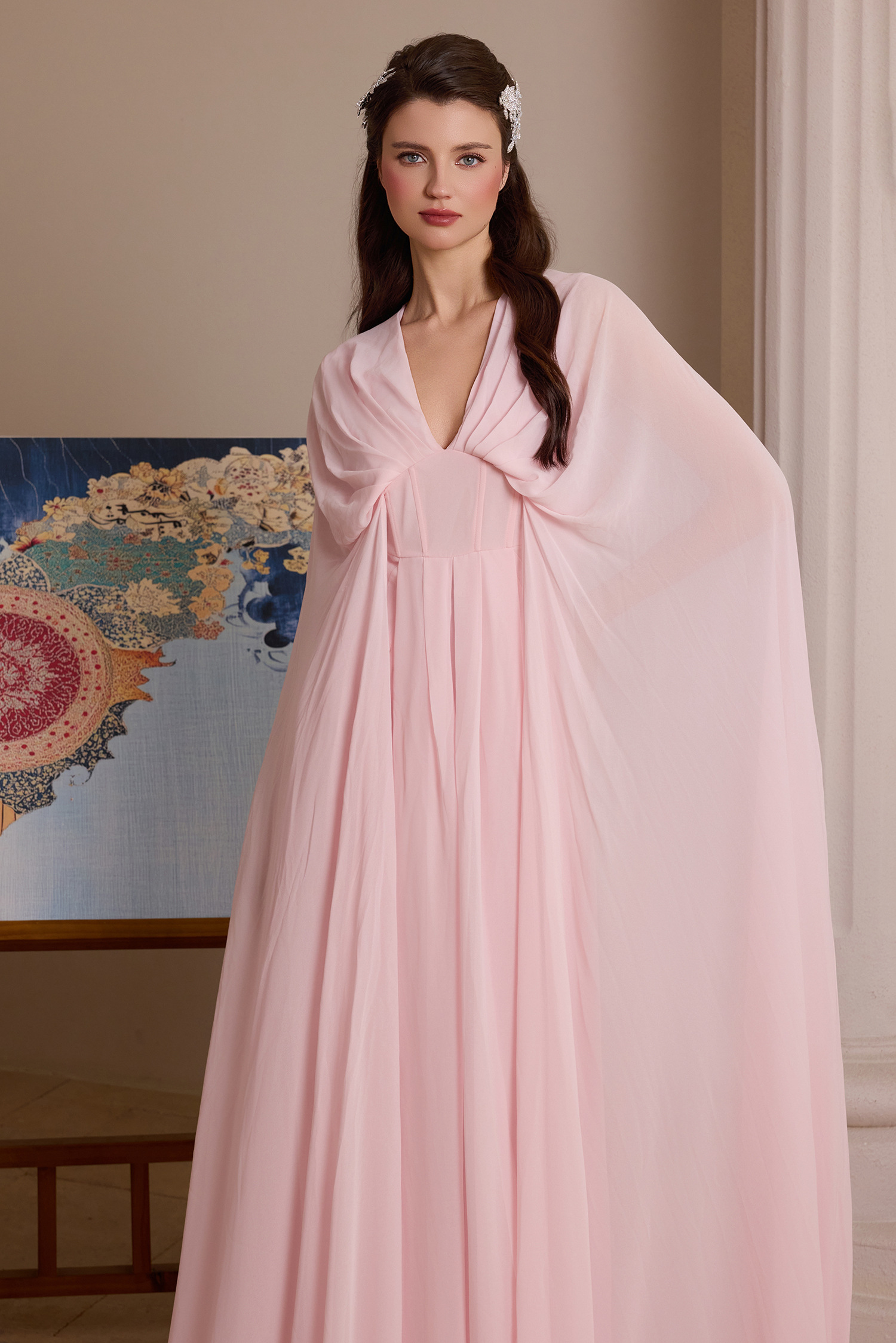 Chiffon Pleated V-Neck Cape Sleeve Maxi Dress