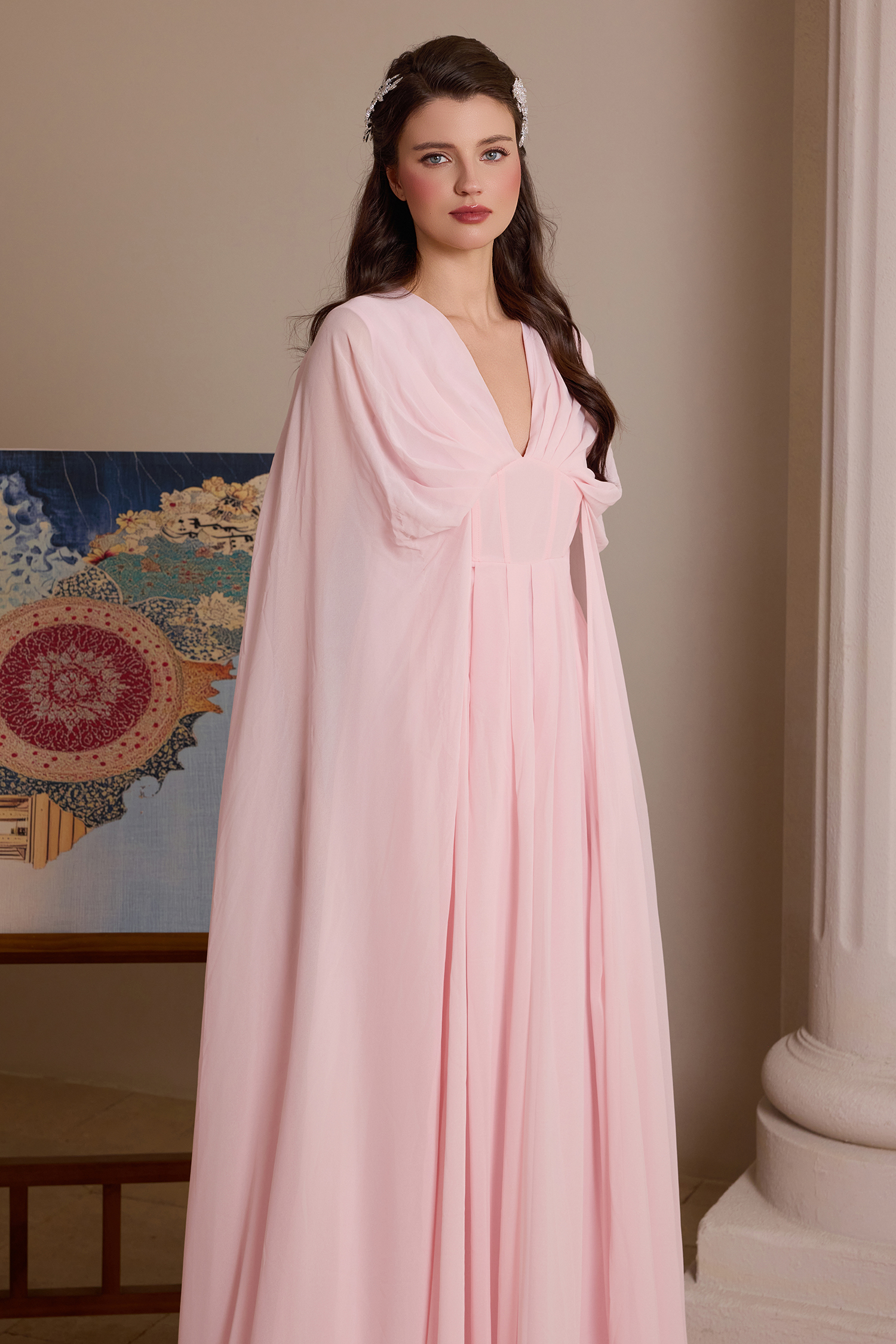 Chiffon Pleated V-Neck Cape Sleeve Maxi Dress