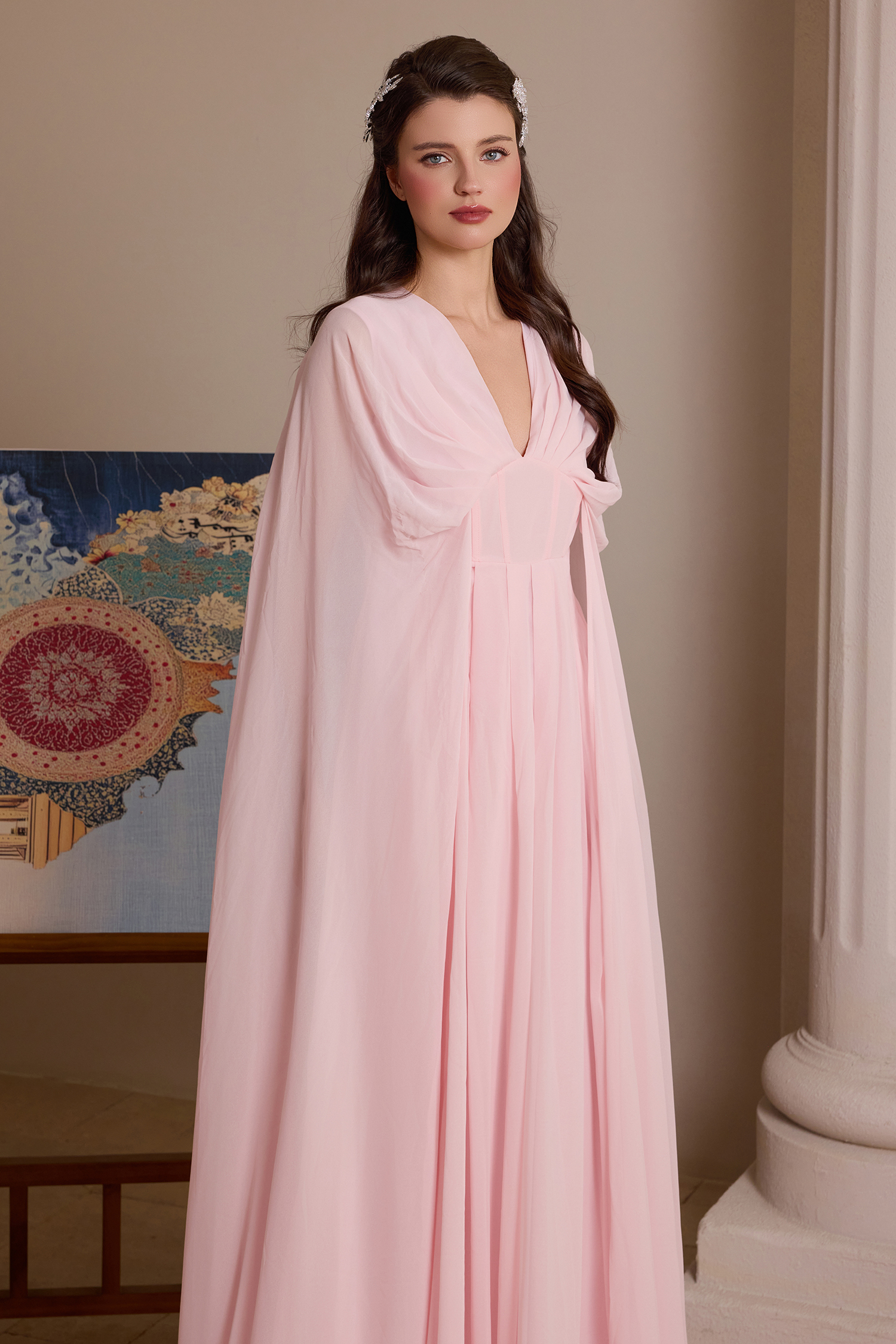 Chiffon Pleated V-Neck Cape Sleeve Maxi Dress