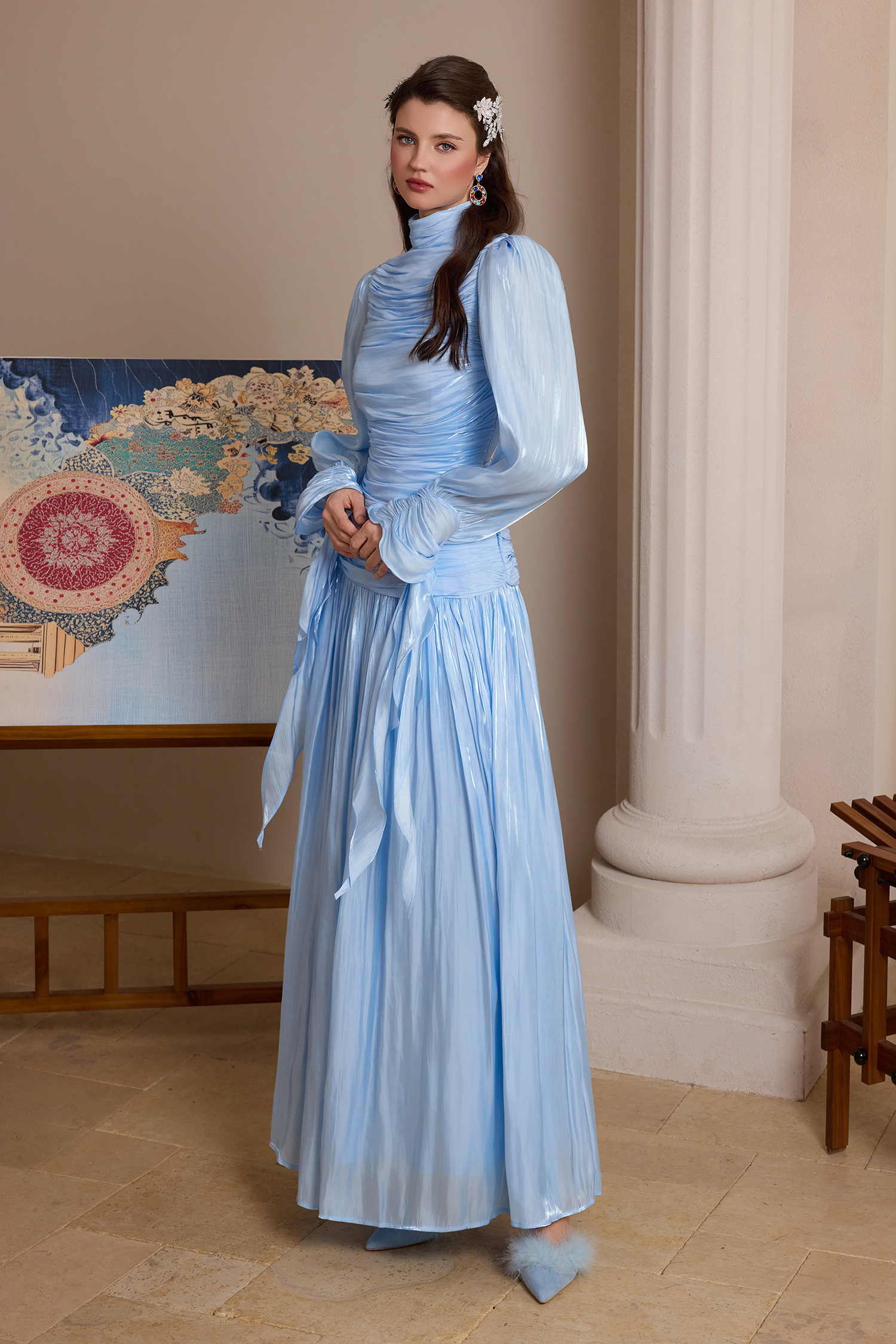 Pleated Lace-Up Long Sleeve Midi Dress