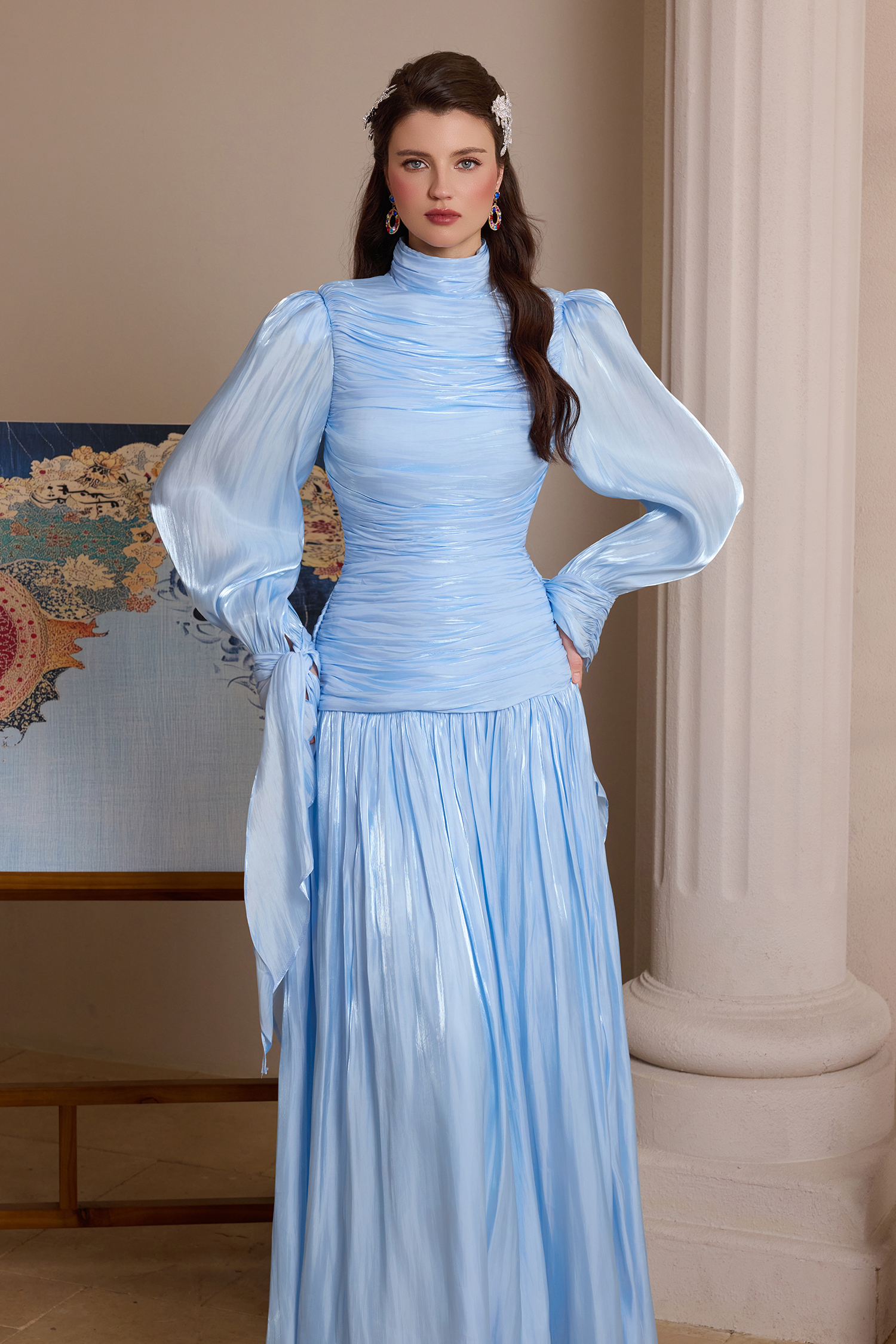 Pleated Lace-Up Long Sleeve Midi Dress