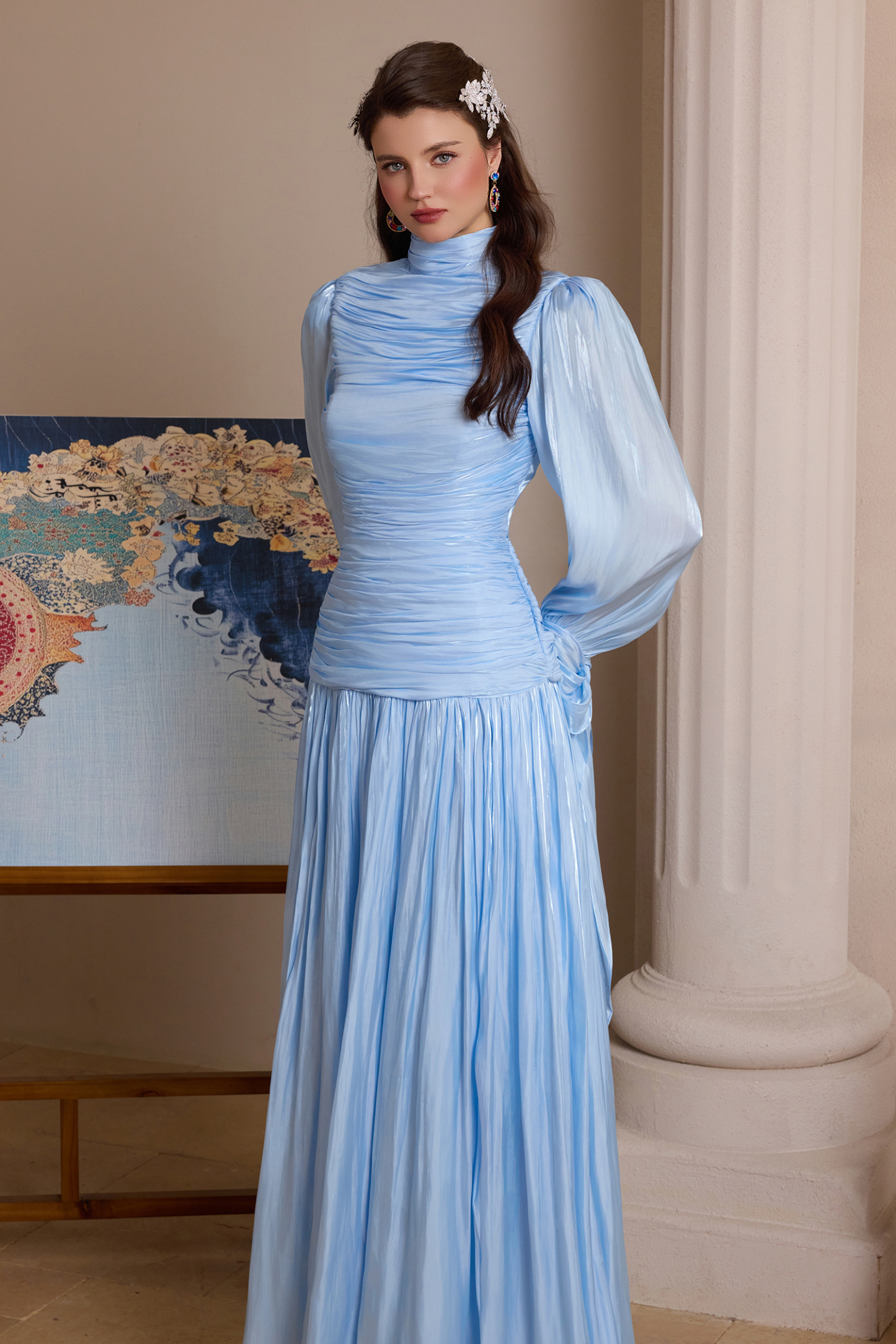 Pleated Lace-Up Long Sleeve Midi Dress