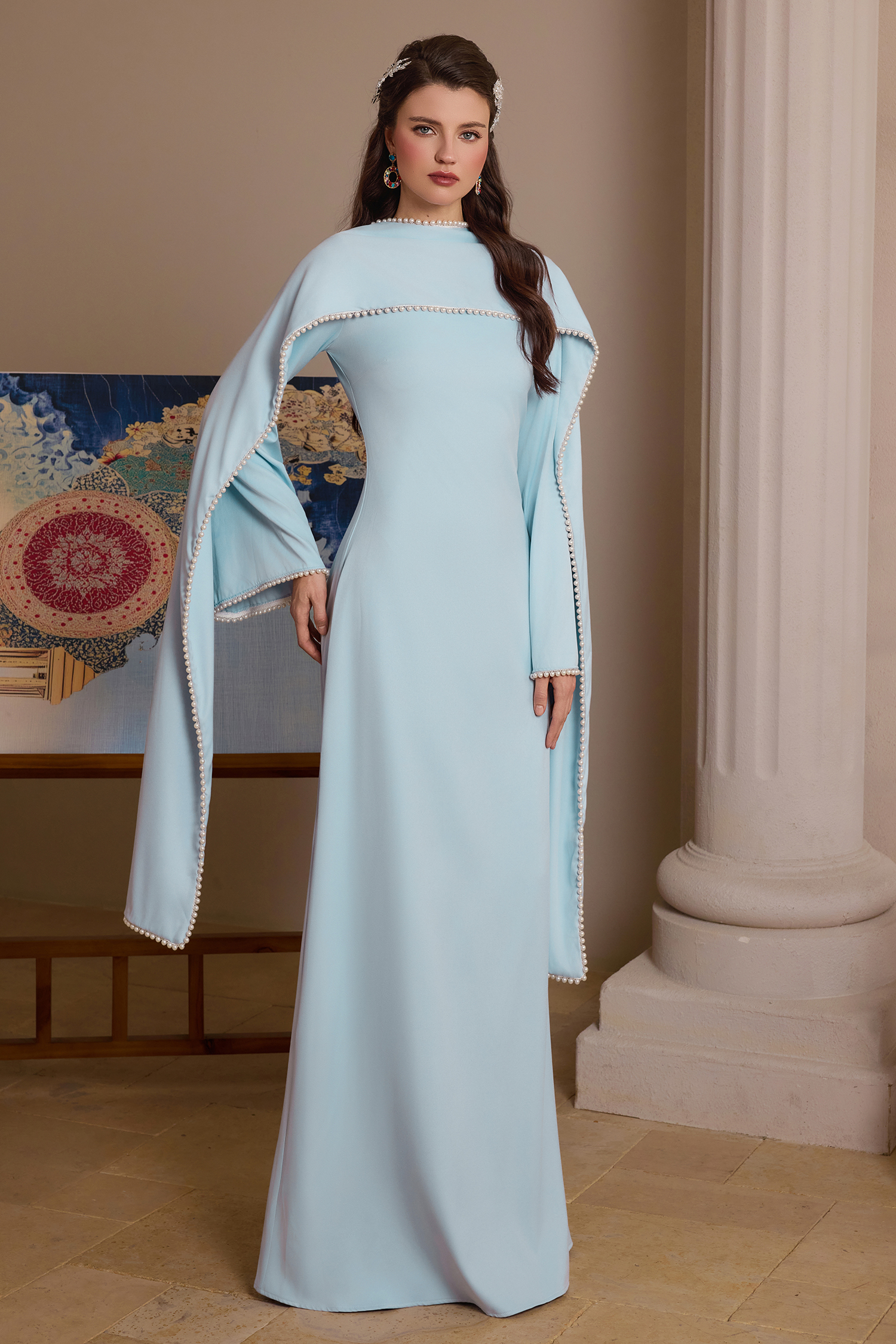 Pearl Bell Sleeve Maxi Dress With Cape
