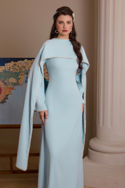 Solid Long Sleeve Faux Pearl Maxi Dress