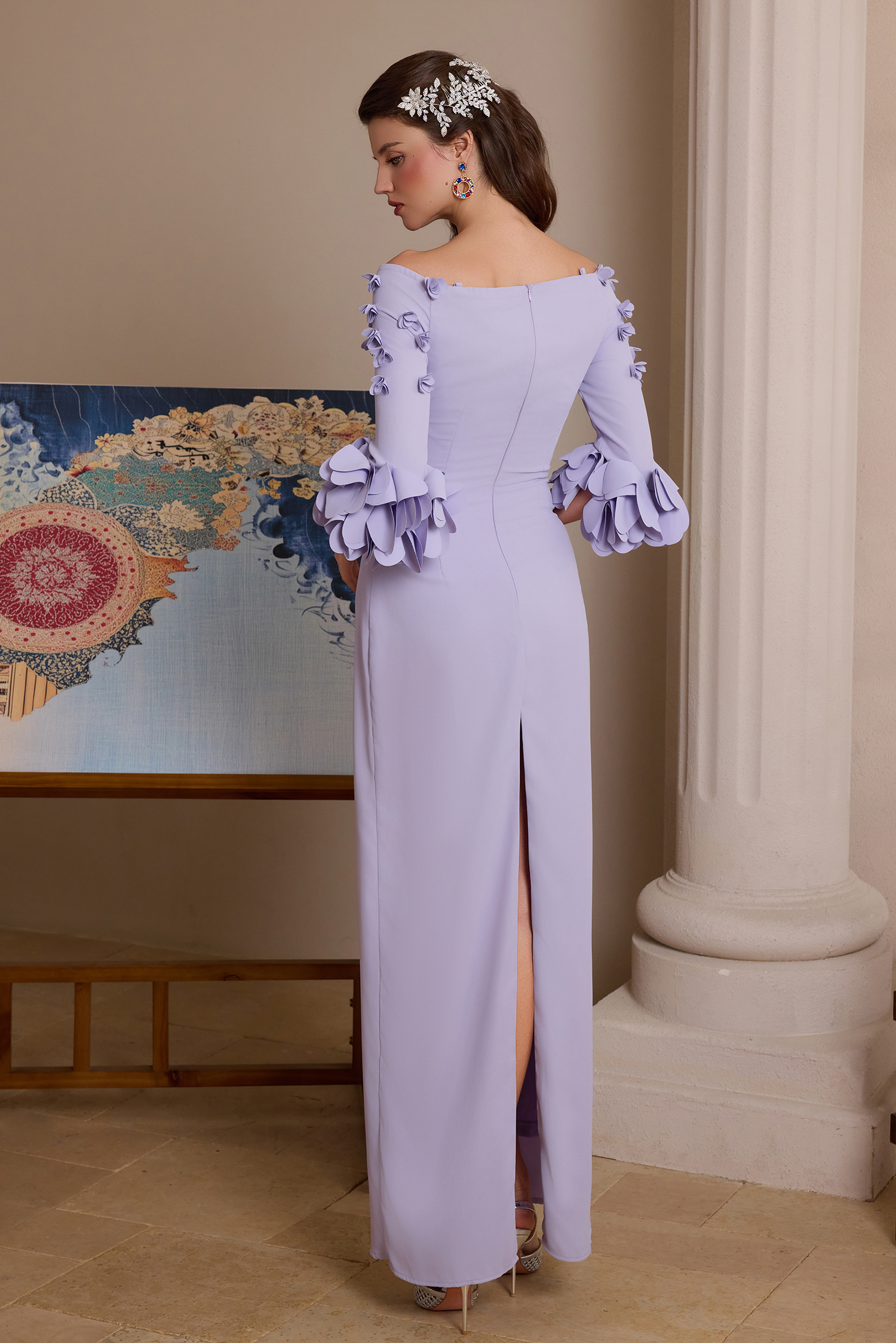 Solid 3D Flower One-Shoulder Maxi Dress