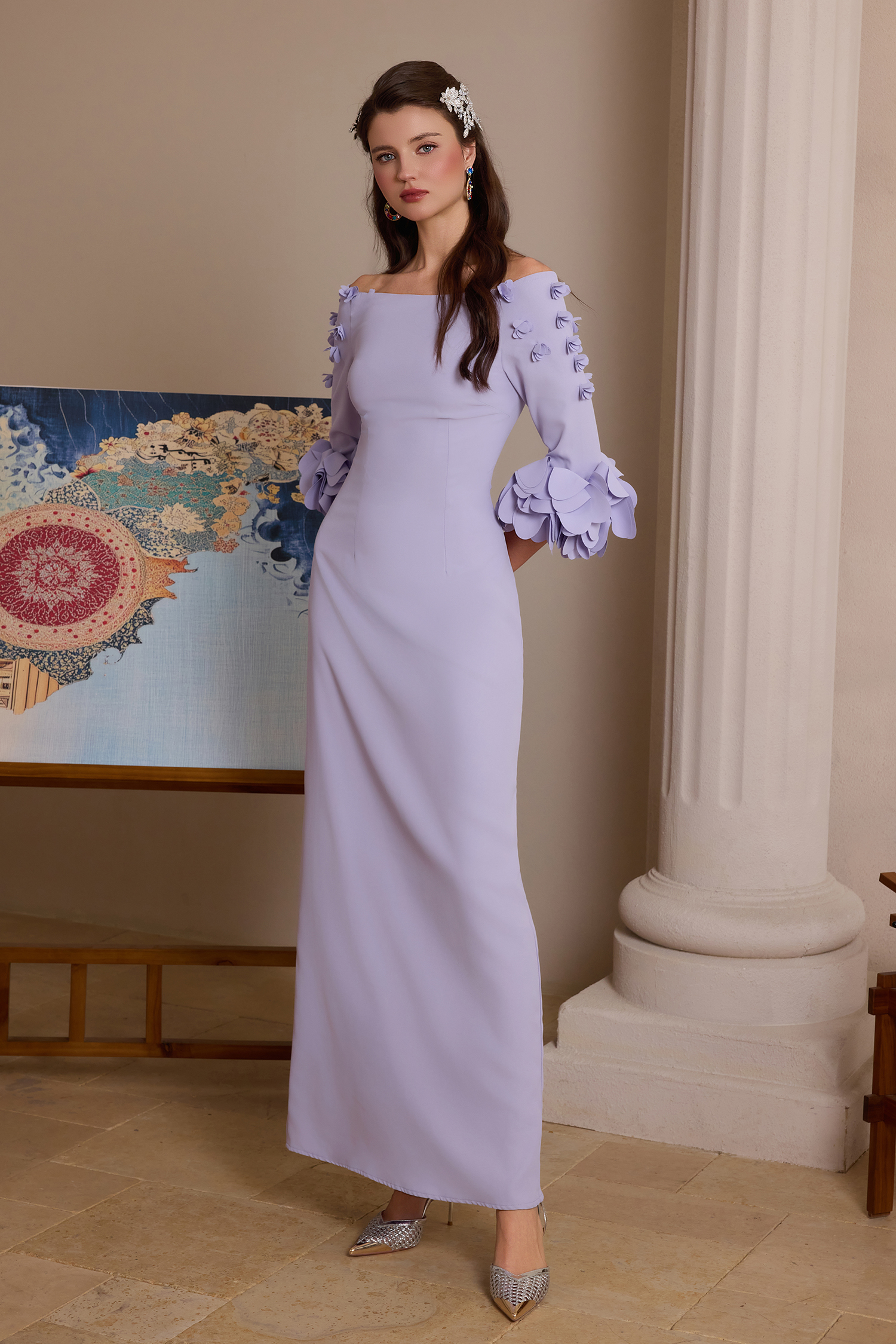 Solid 3D Flower One-Shoulder Maxi Dress