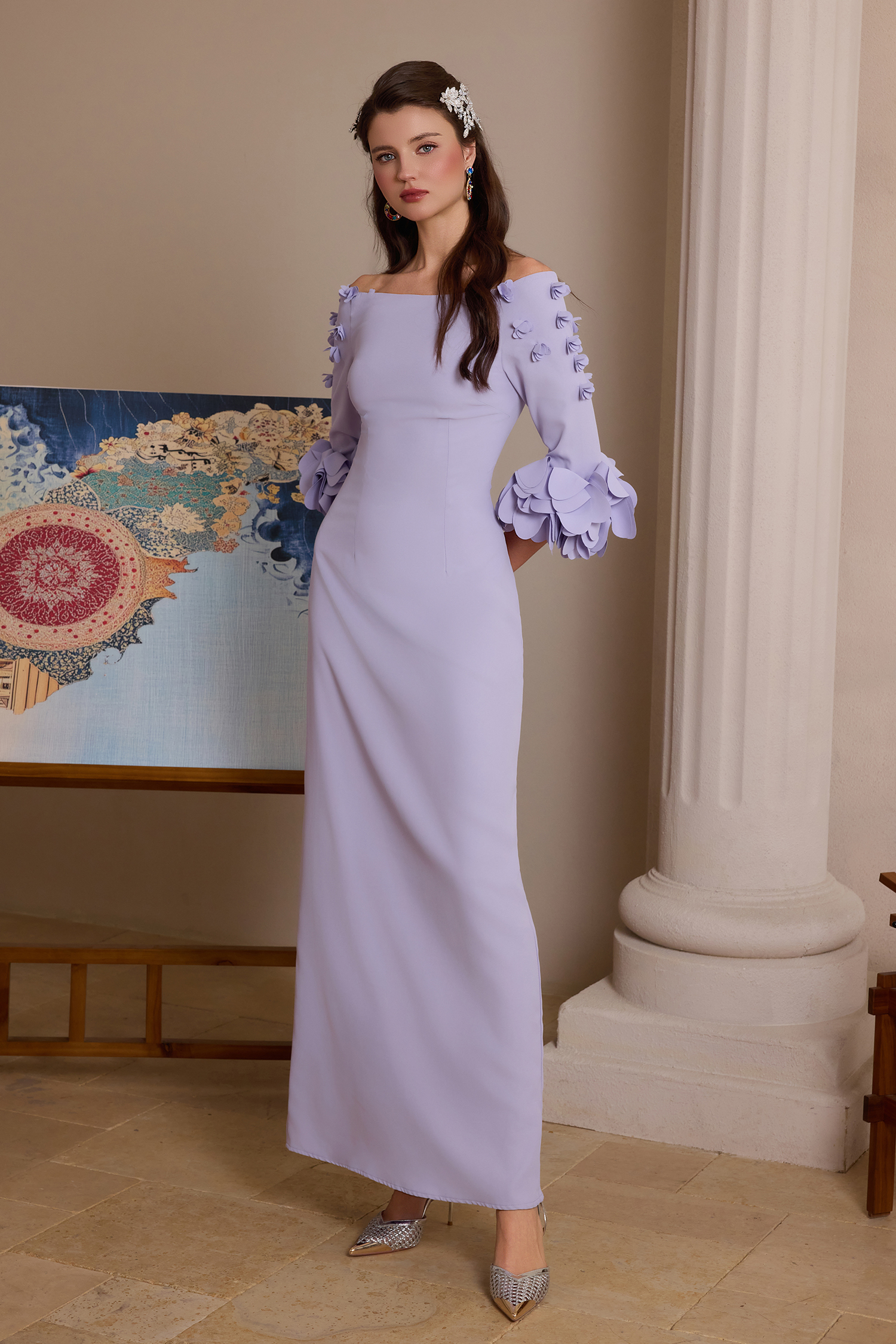 Solid 3D Flower One-Shoulder Maxi Dress