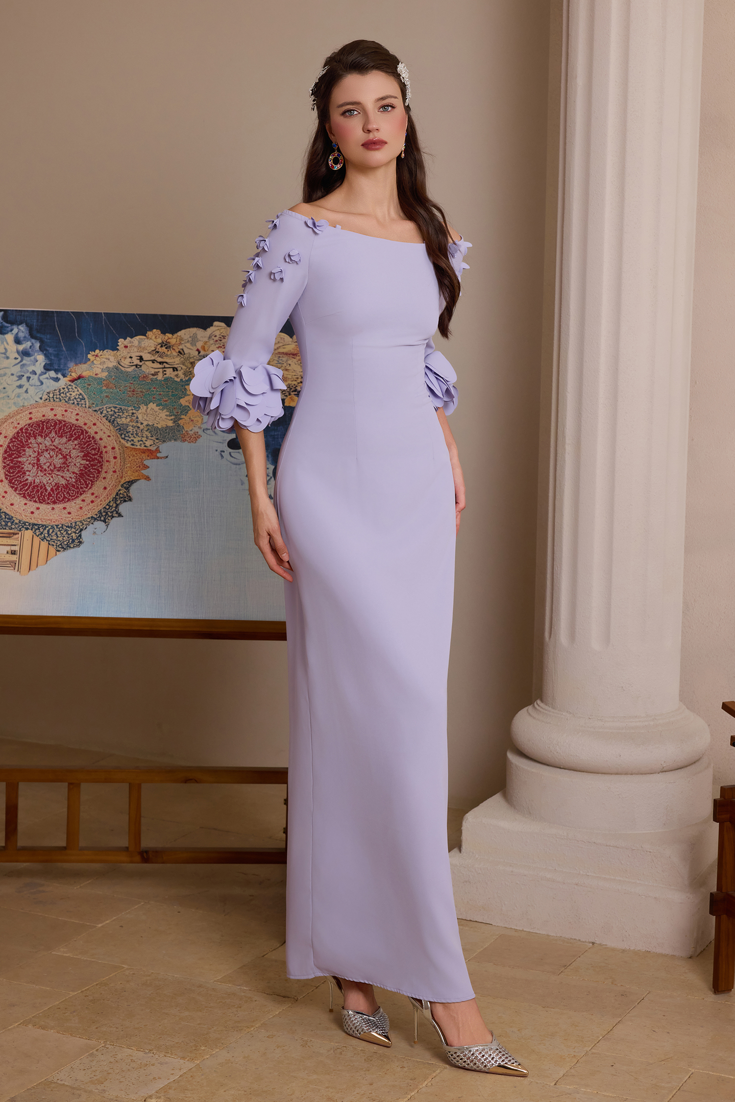 Solid 3D Flower One-Shoulder Maxi Dress