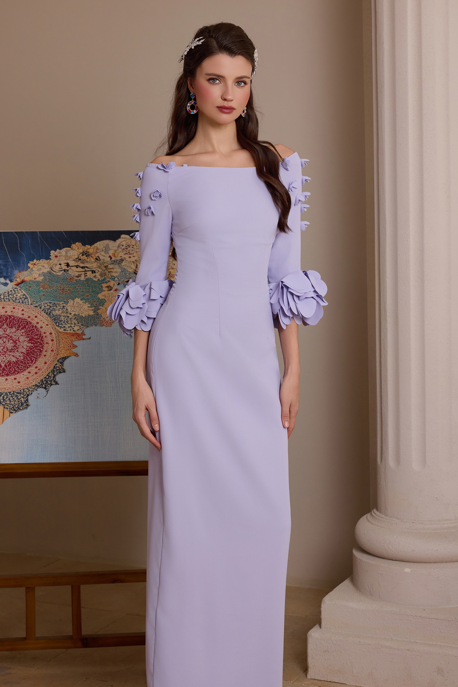 Solid 3D Flower One-Shoulder Maxi Dress