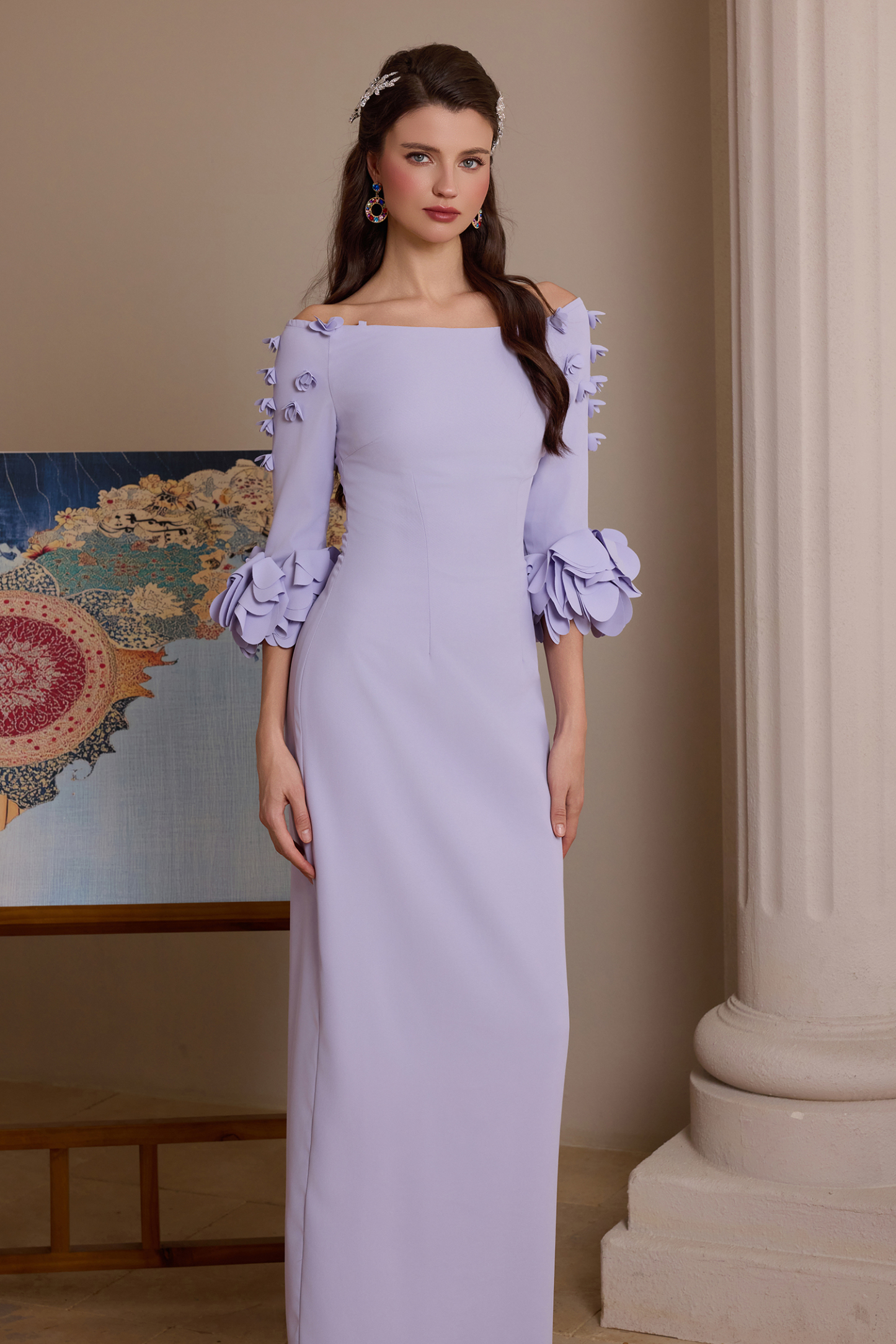 Solid 3D Flower One-Shoulder Maxi Dress