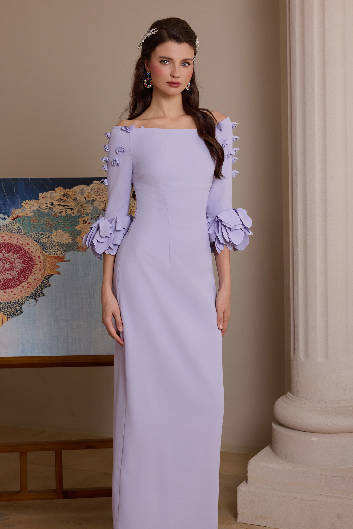 Solid 3D Flower One-Shoulder Maxi Dress