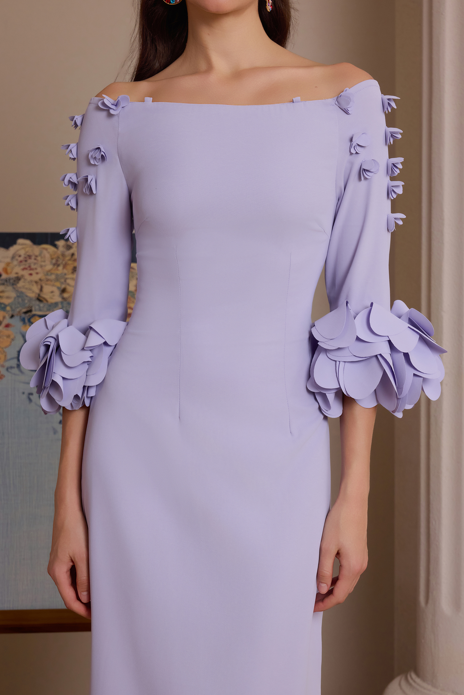 Solid 3D Flower One-Shoulder Maxi Dress