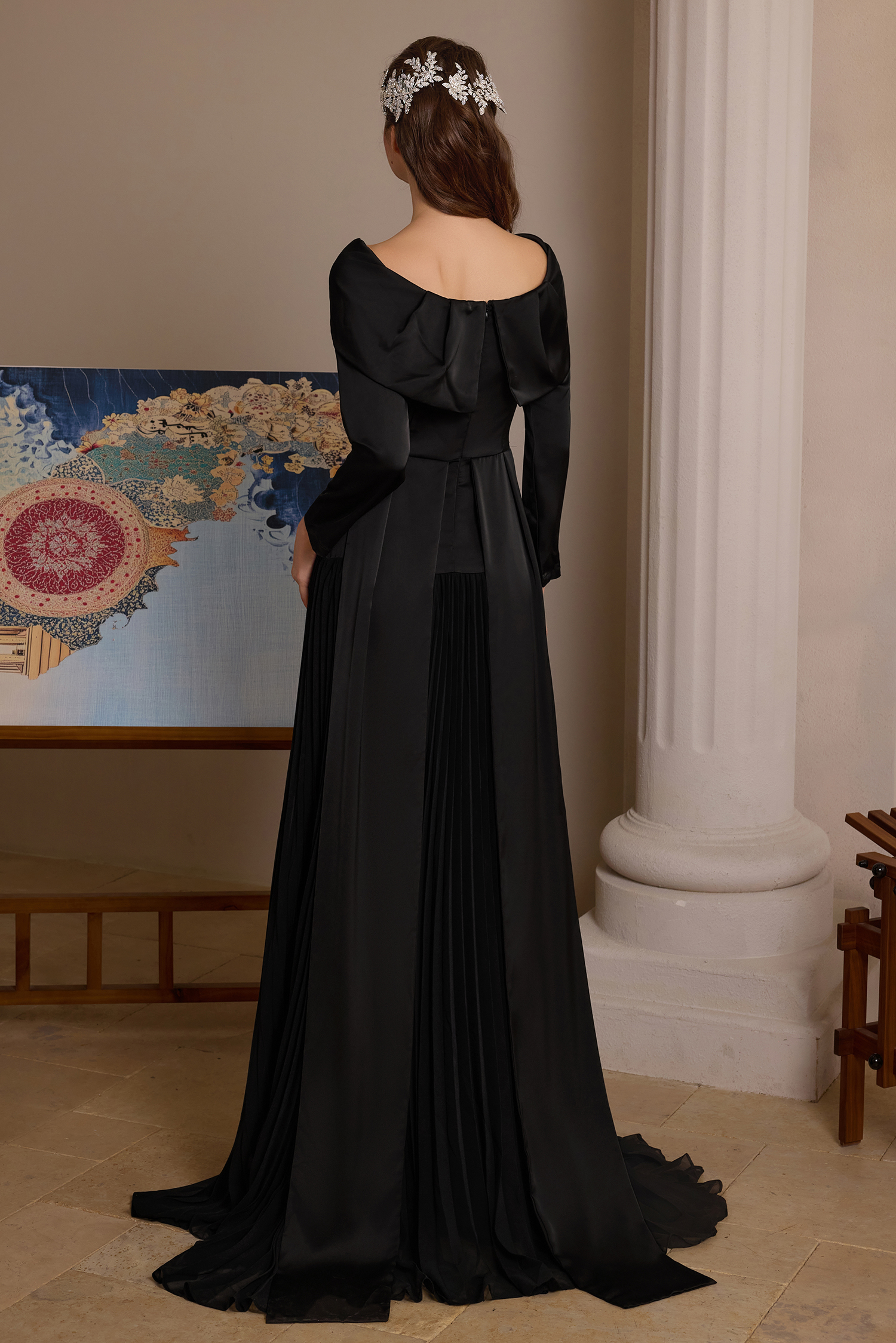 Satin Splicing Chiffon Pleat Maxi Dress