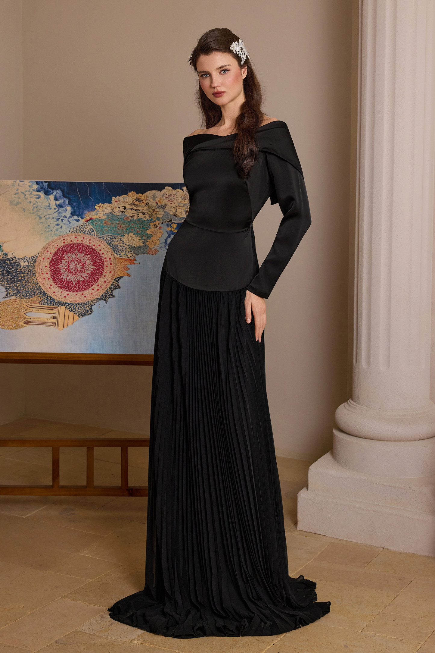 Satin Splicing Chiffon Pleat Maxi Dress