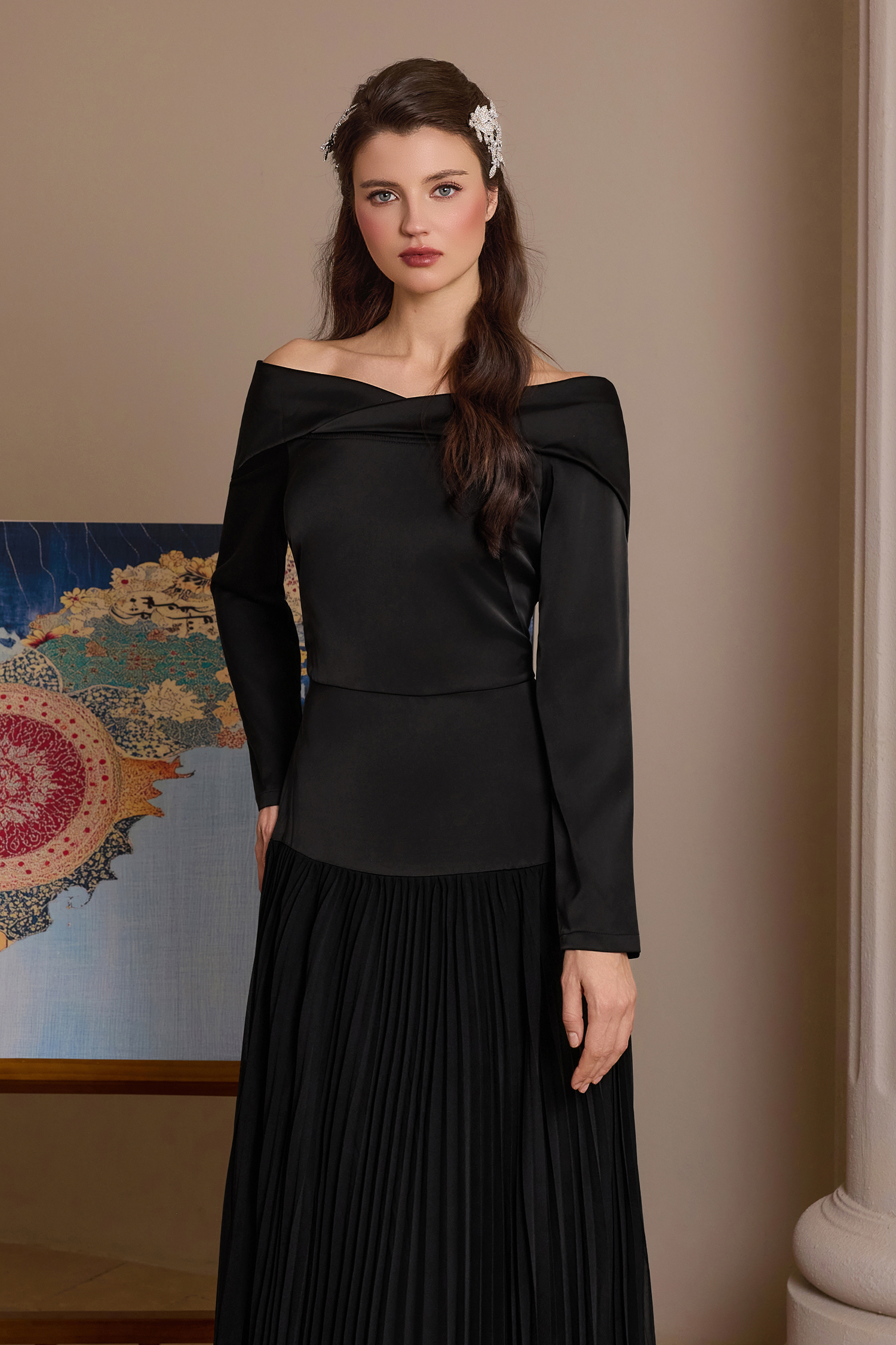 Satin Splicing Chiffon Pleat Maxi Dress