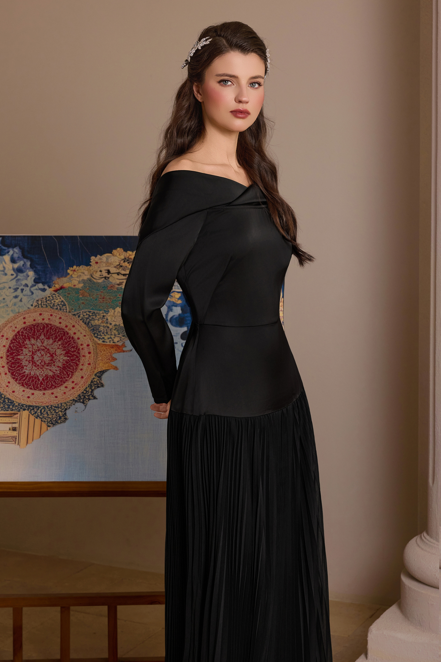 Satin Splicing Chiffon Pleat Maxi Dress