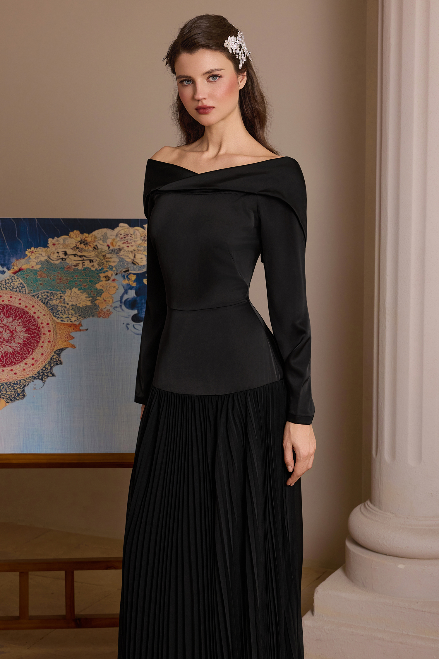 Satin Splicing Chiffon Pleat Maxi Dress