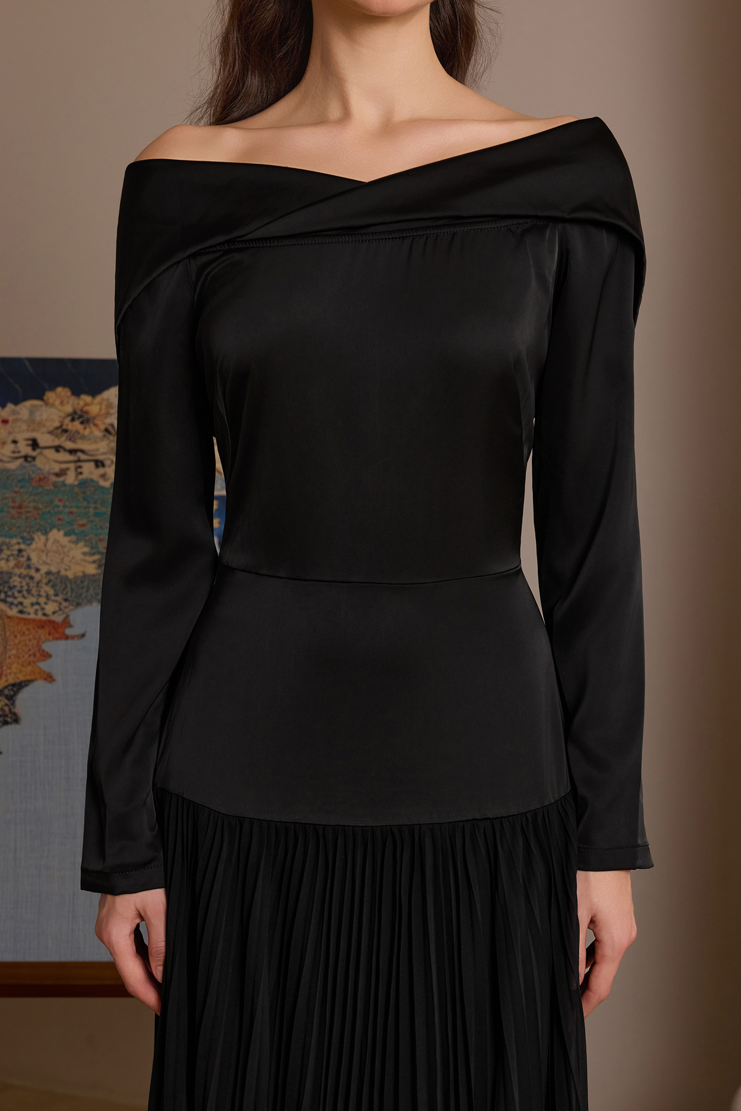 Satin Splicing Chiffon Pleat Maxi Dress