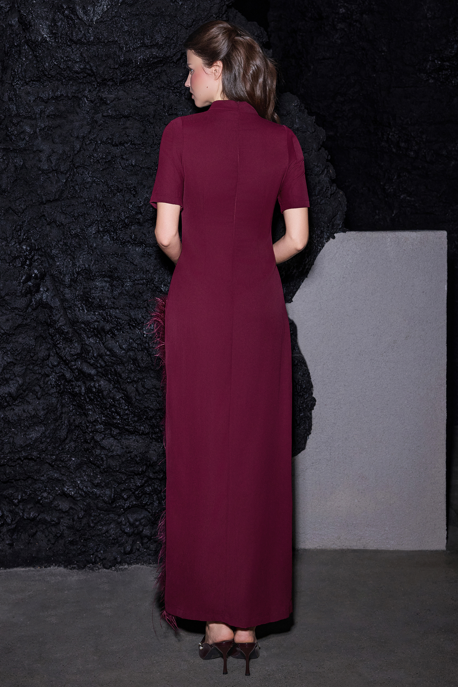 Feather Stand Collar Slit Midi Dress