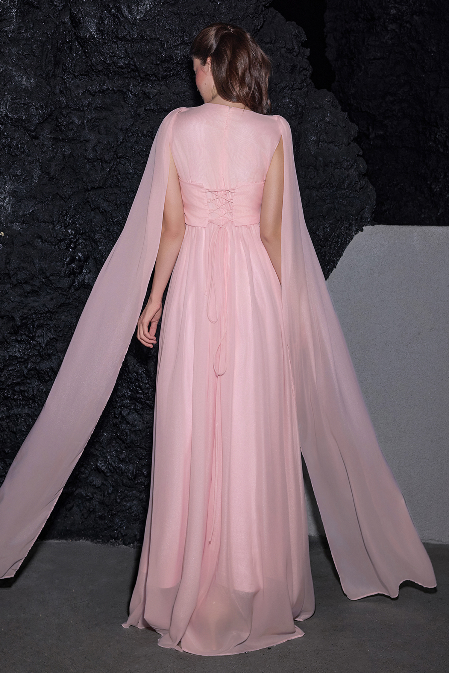 Solid Crumpled Cape Sleeve Maxi Dress