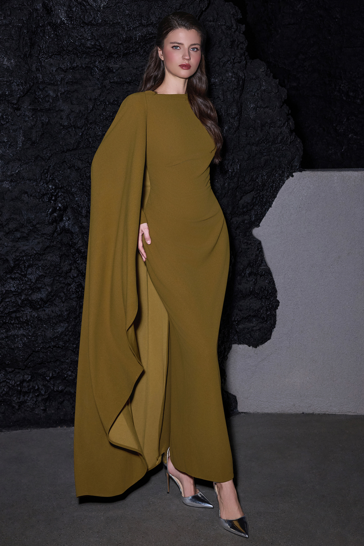 Pleated Round Neck Cape Maxi Dress