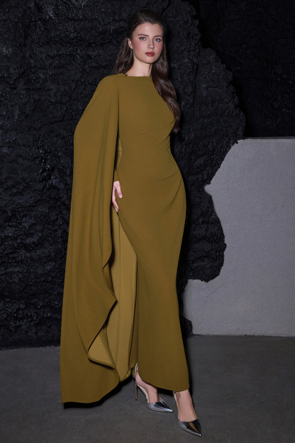 Pleated Round Neck Cape Maxi Dress