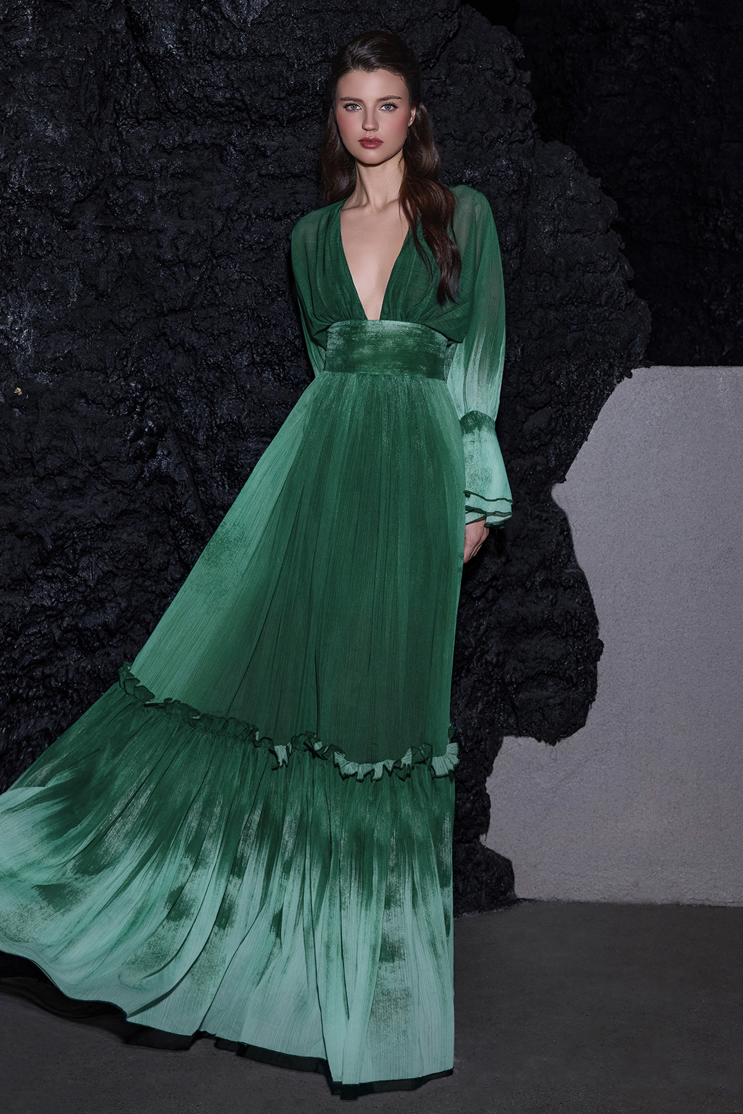 Ombre Chiffon Ruffle Maxi Dress