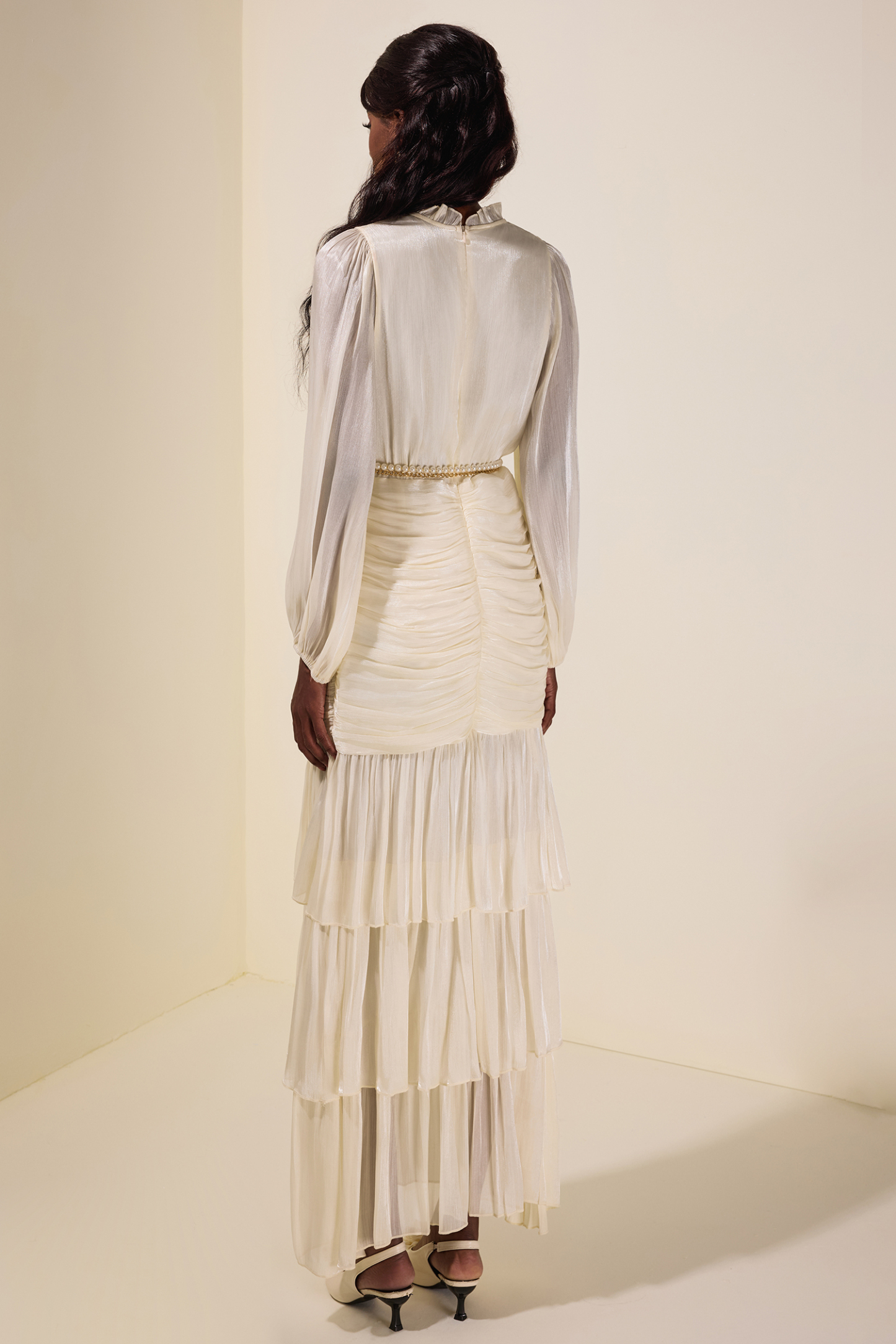 Satin Frill Tie-Up Maxi Dress With Belt