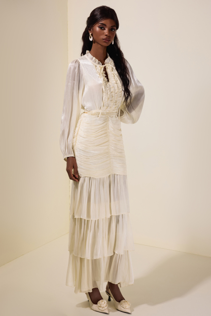 Satin Frill Tie-Up Maxi Dress With Belt