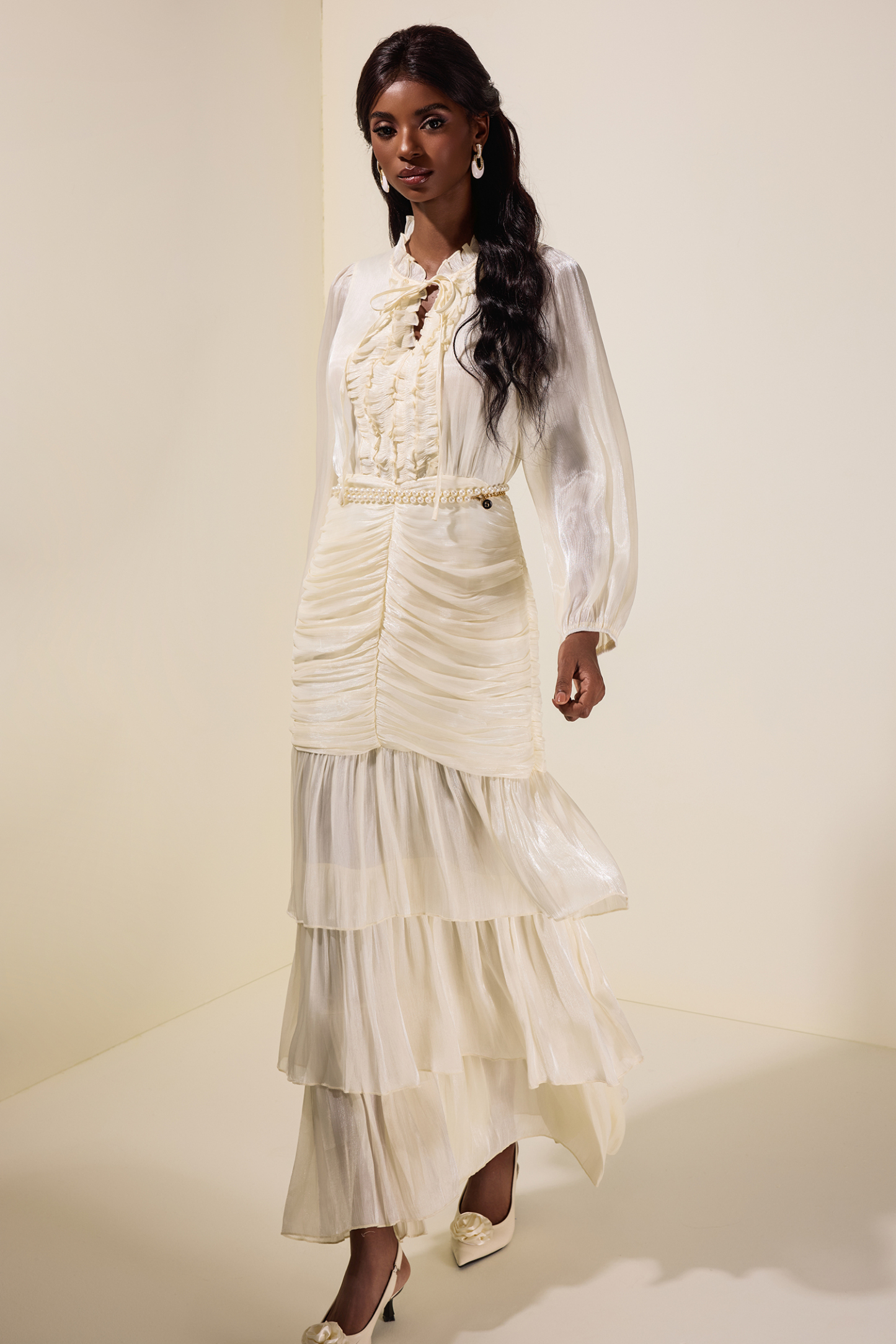 Satin Frill Tie-Up Maxi Dress With Belt