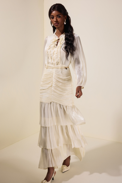 Satin Frill Tie-Up Maxi Dress With Belt