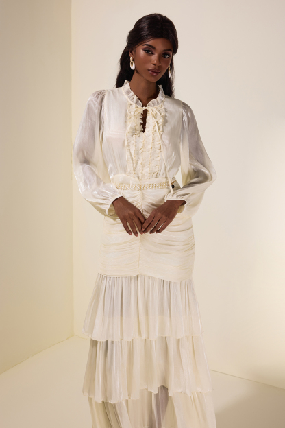 Satin Frill Tie-Up Maxi Dress With Belt