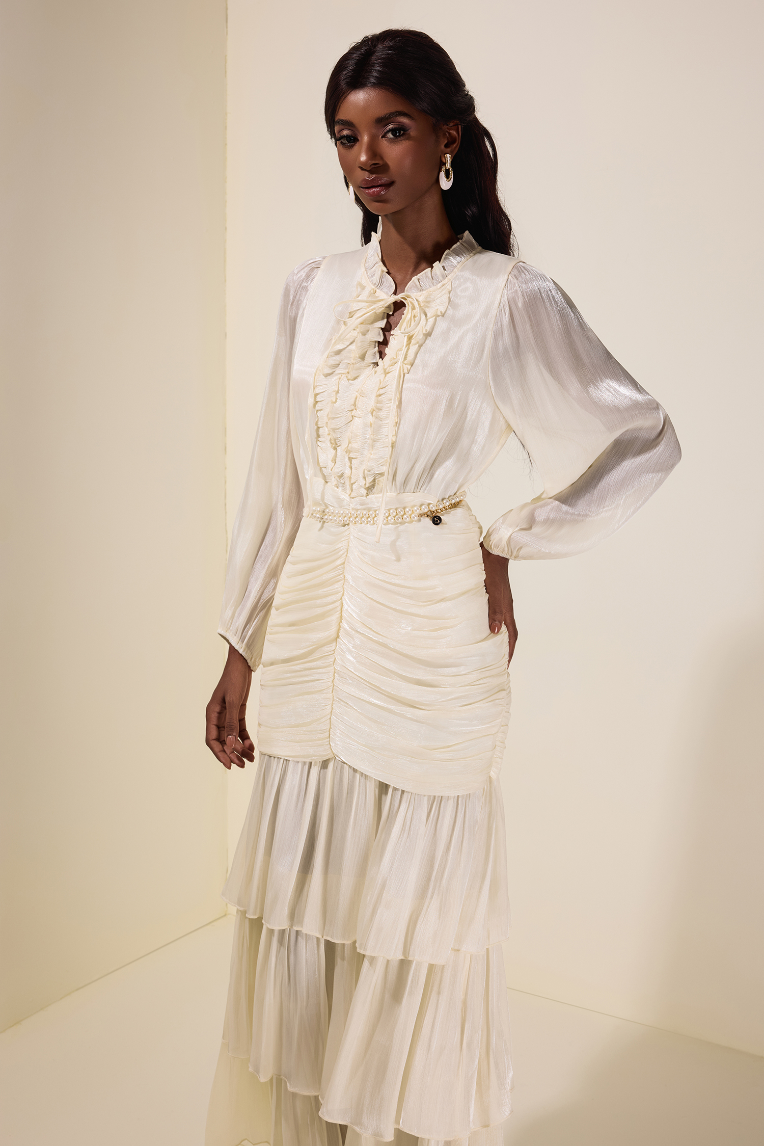 Satin Frill Tie-Up Maxi Dress With Belt