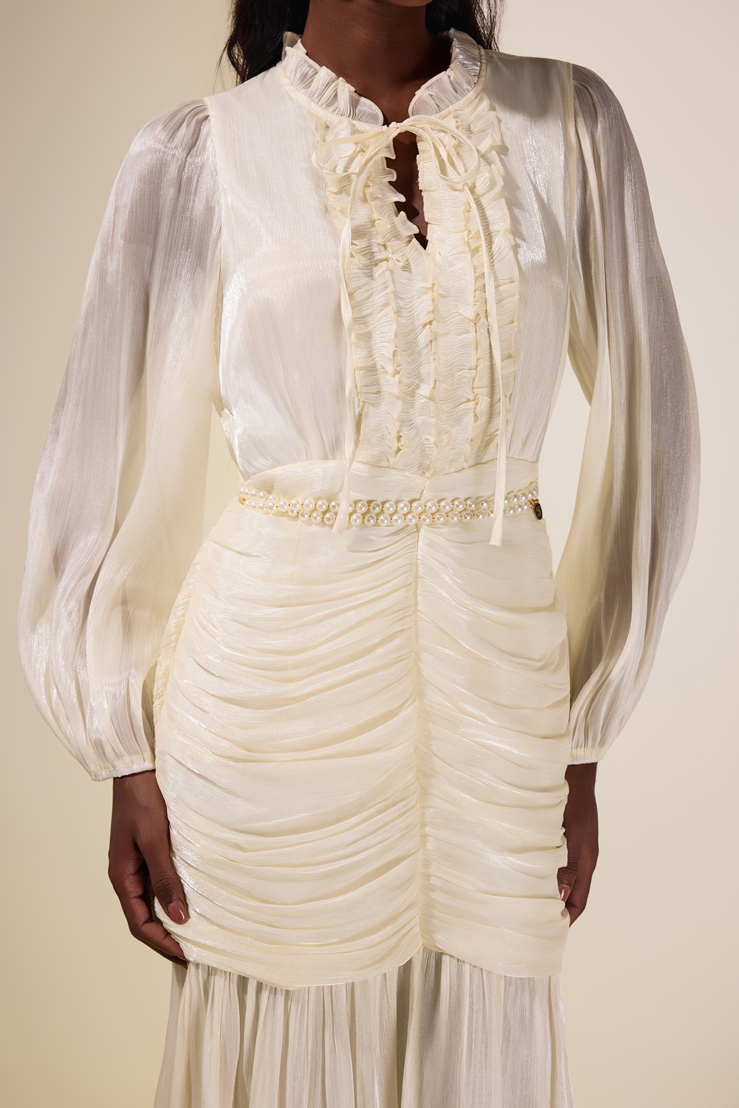 Satin Frill Tie-Up Maxi Dress With Belt