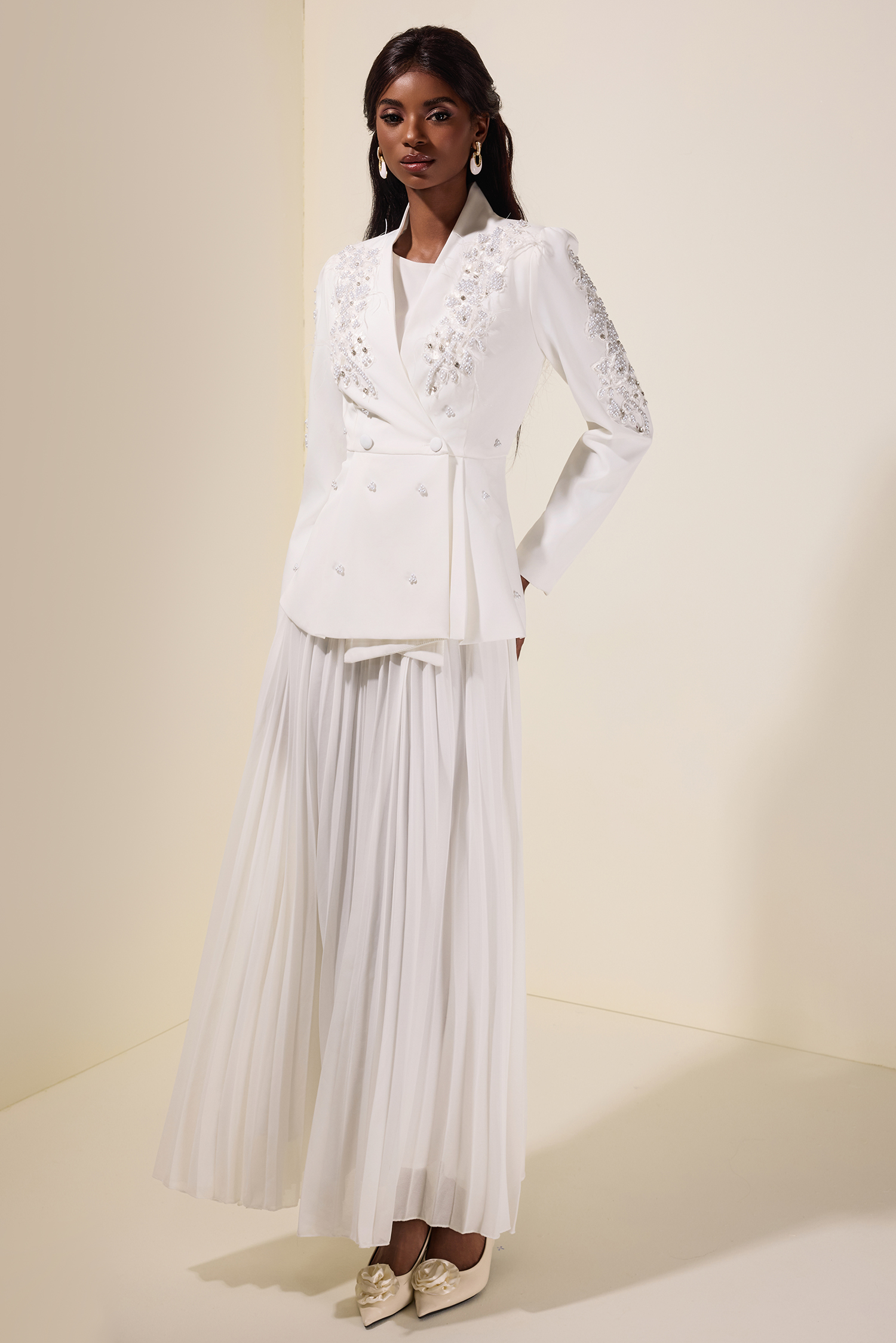 Chiffon Pleated Midi Dress With Nail Bead Embroidery Outerwear