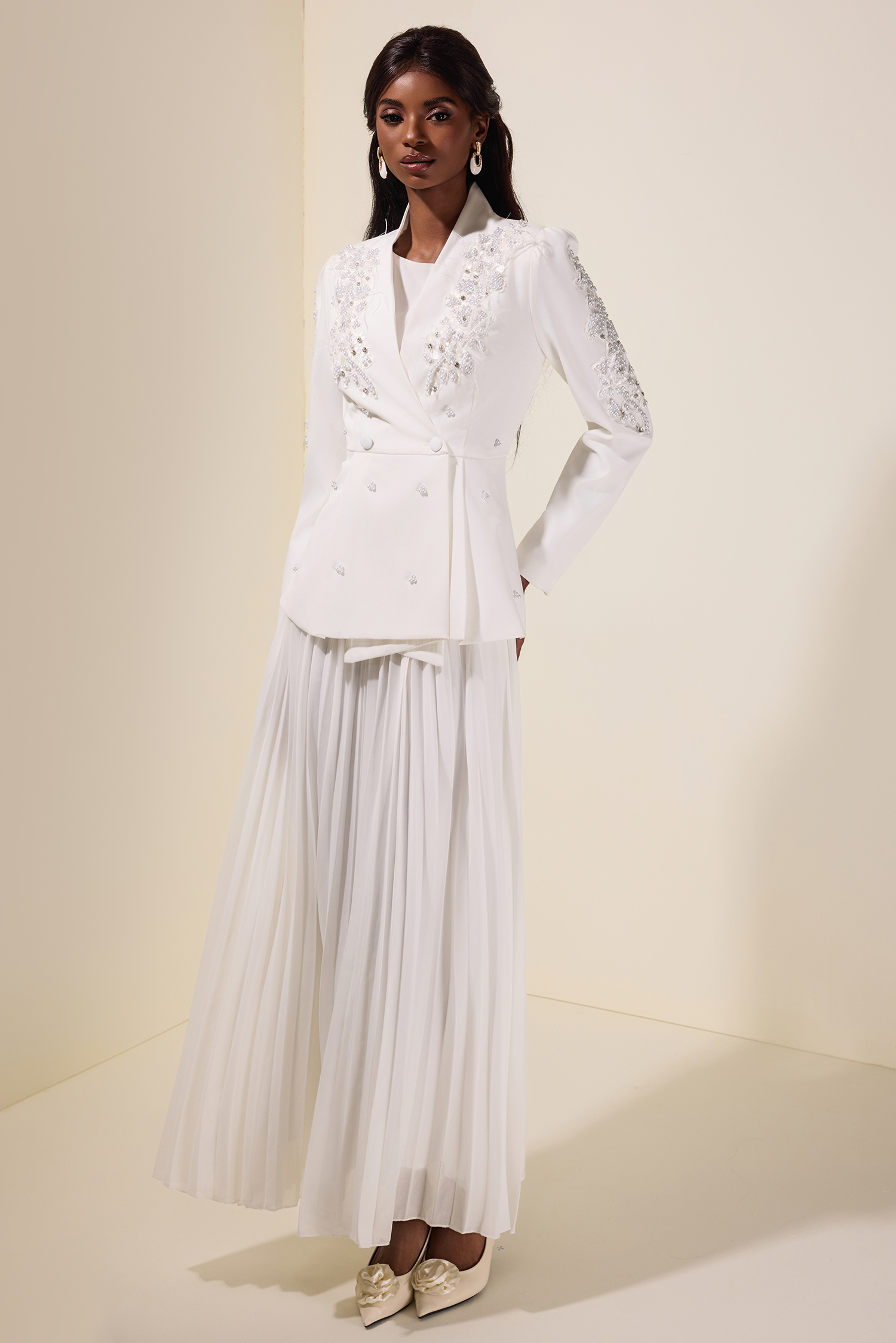 Chiffon Pleated Midi Dress With Nail Bead Embroidery Outerwear