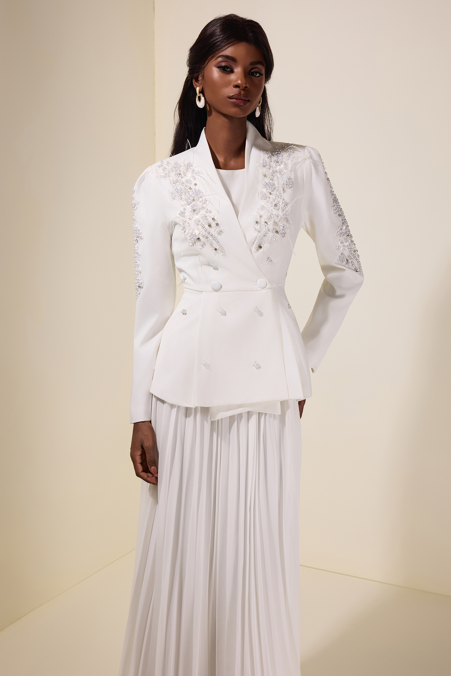 Chiffon Pleated Midi Dress With Nail Bead Embroidery Outerwear