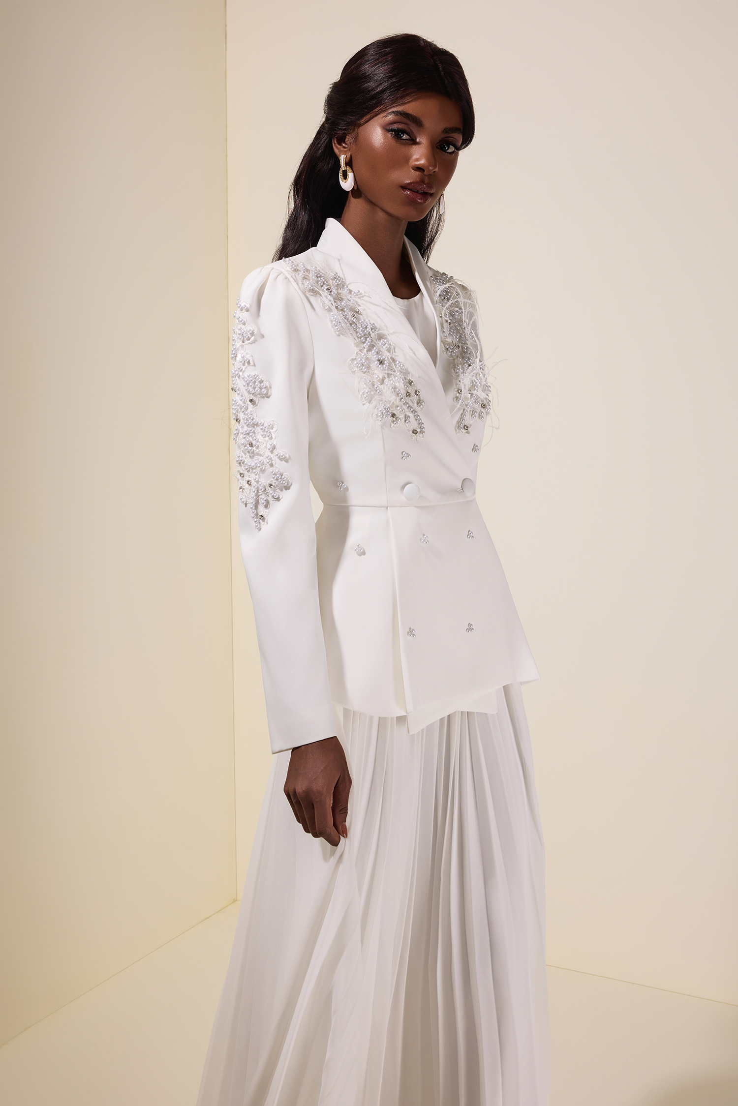 Chiffon Pleated Midi Dress With Nail Bead Embroidery Outerwear