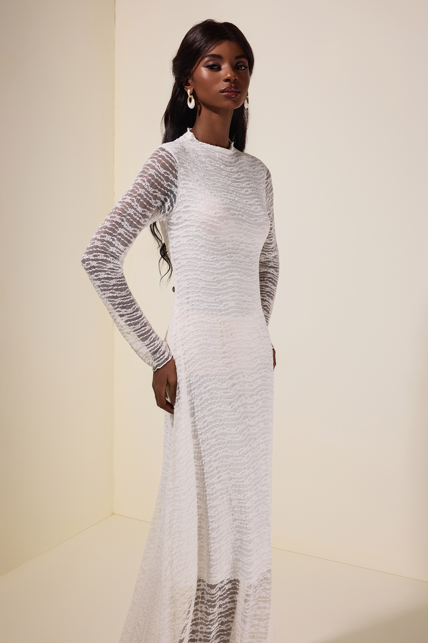 Lace Round Neck Long Sleeve Maxi Dress