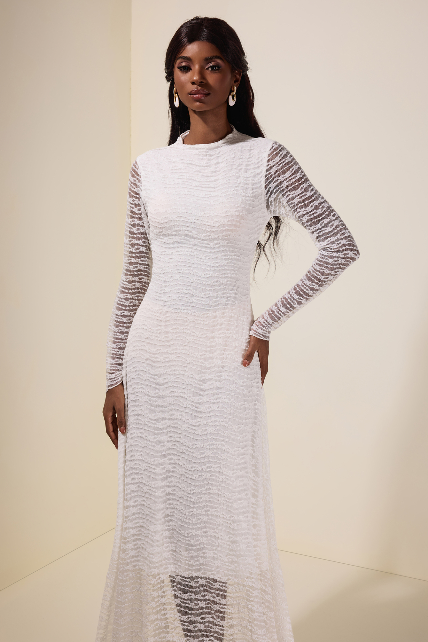Lace Round Neck Long Sleeve Maxi Dress