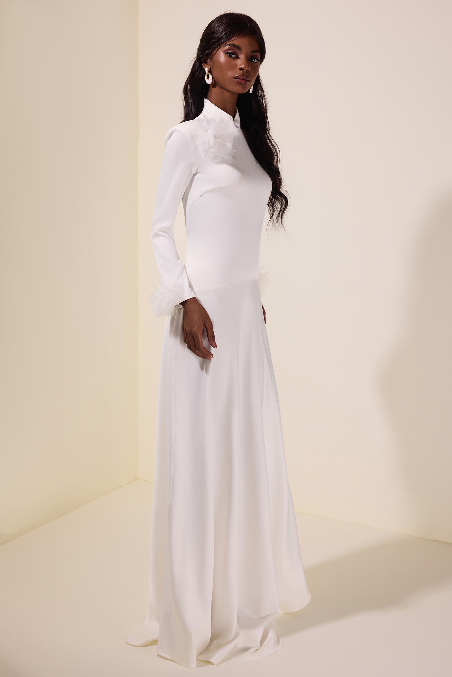 3D Flower Single Breasted Long Sleeve Maxi Dress