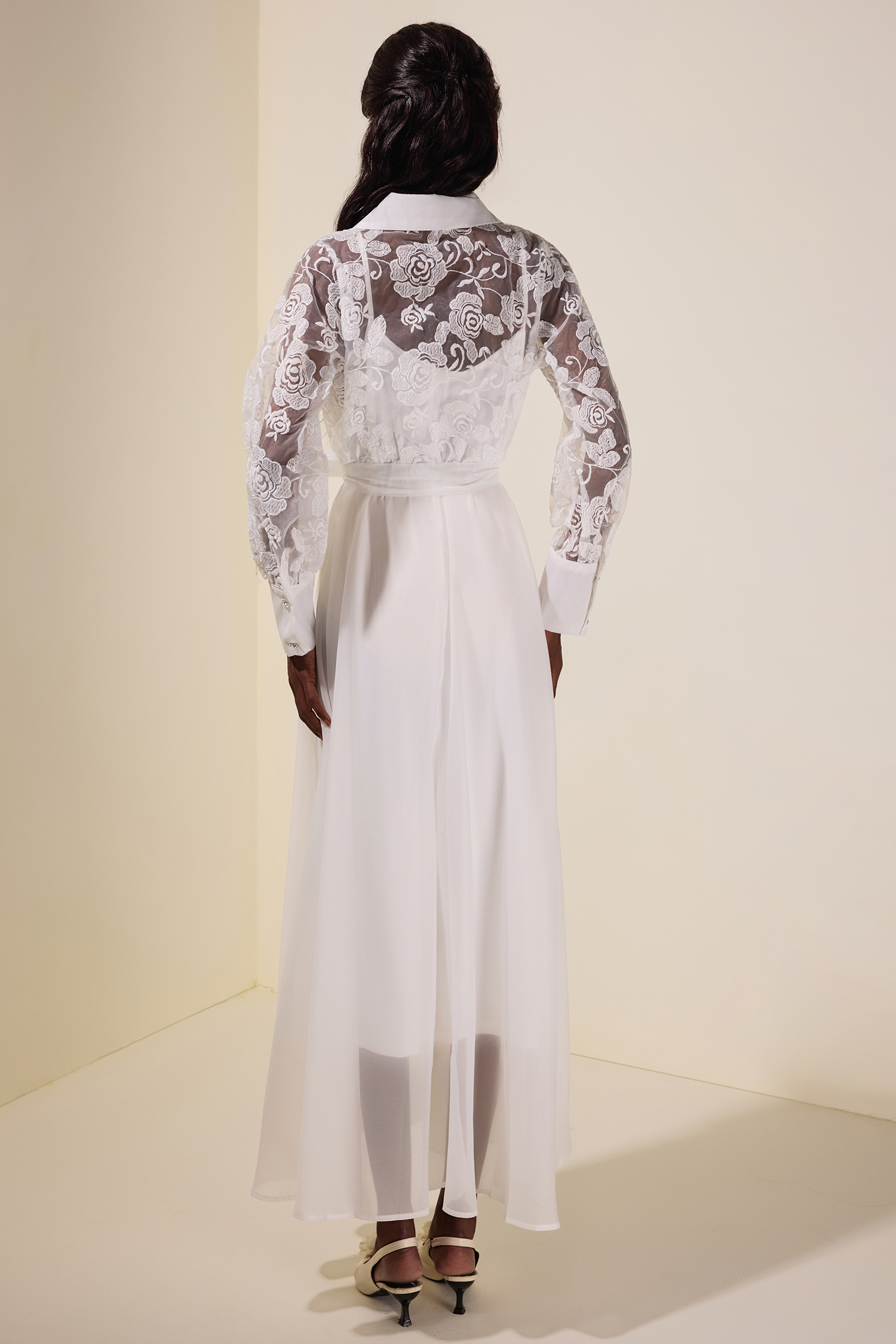 Embroidered Rhinestone Single Breasted Midi Dress With Belt