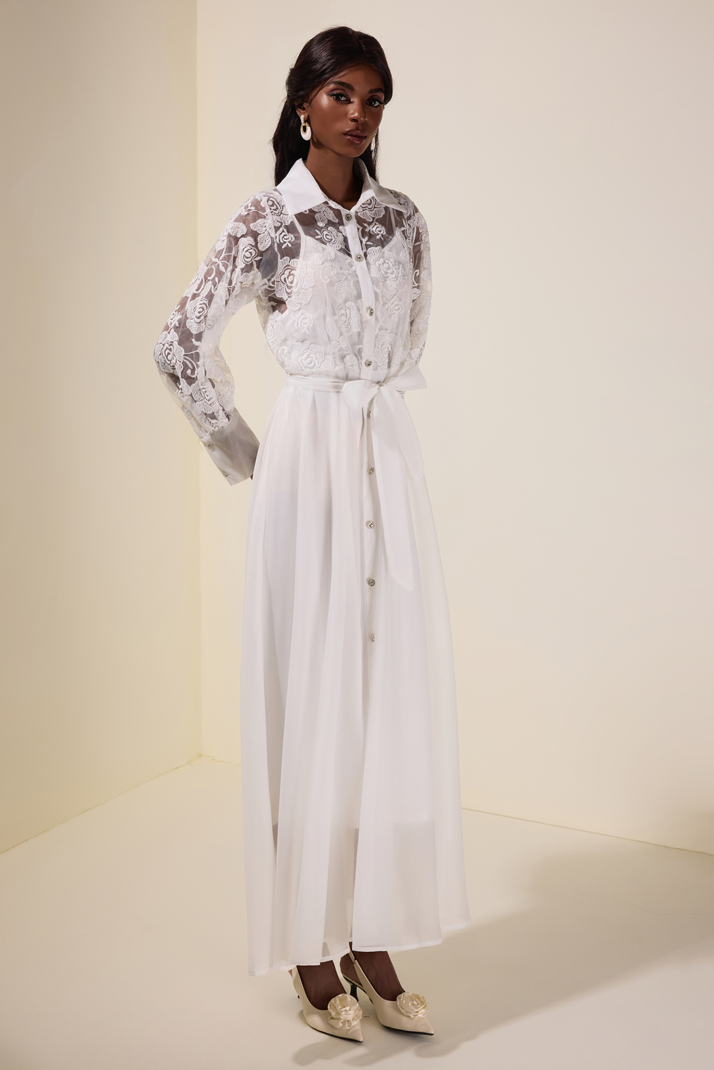 Embroidered Rhinestone Single Breasted Midi Dress With Belt