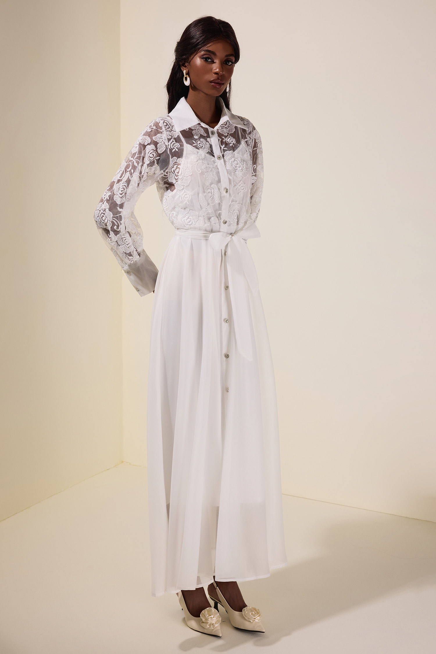 Embroidered Rhinestone Single Breasted Midi Dress With Belt