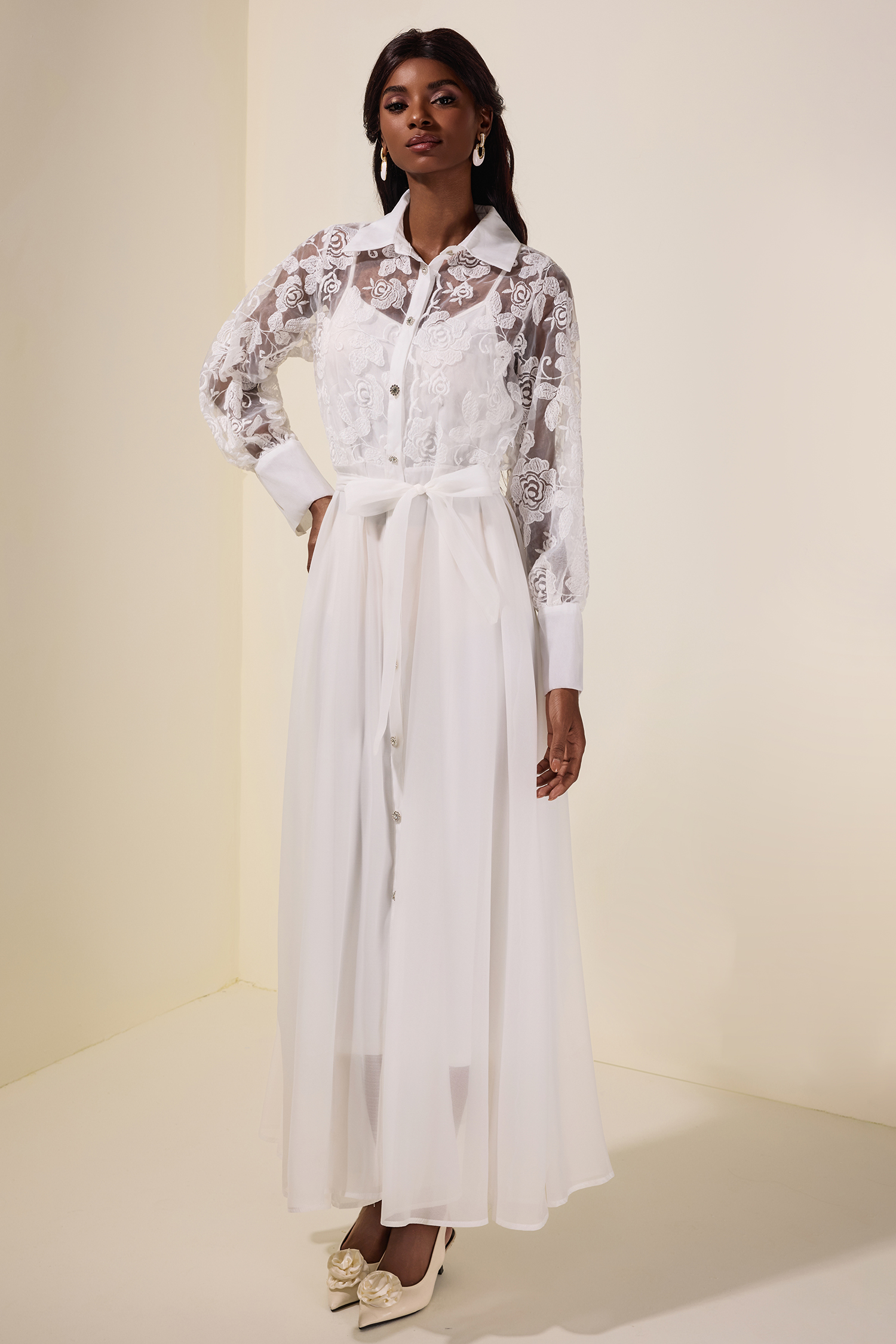 Embroidered Rhinestone Single Breasted Midi Dress With Belt